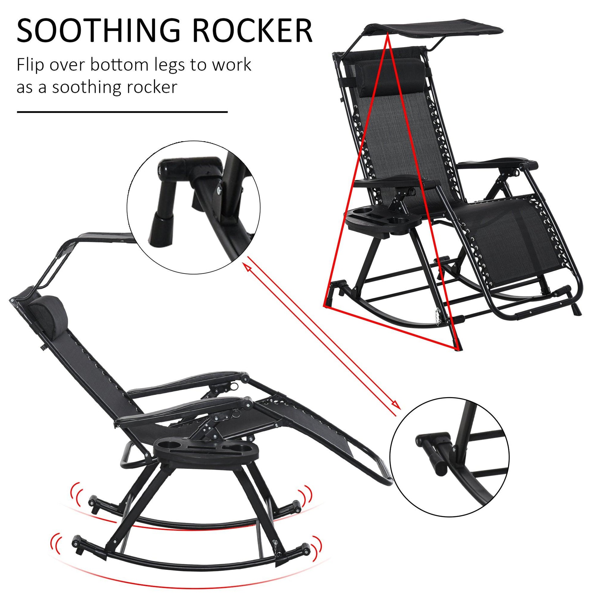 Outsunny Folding Rocking Chair with Headrest and Side Holder - Black - ALL4U RETAILER LTD