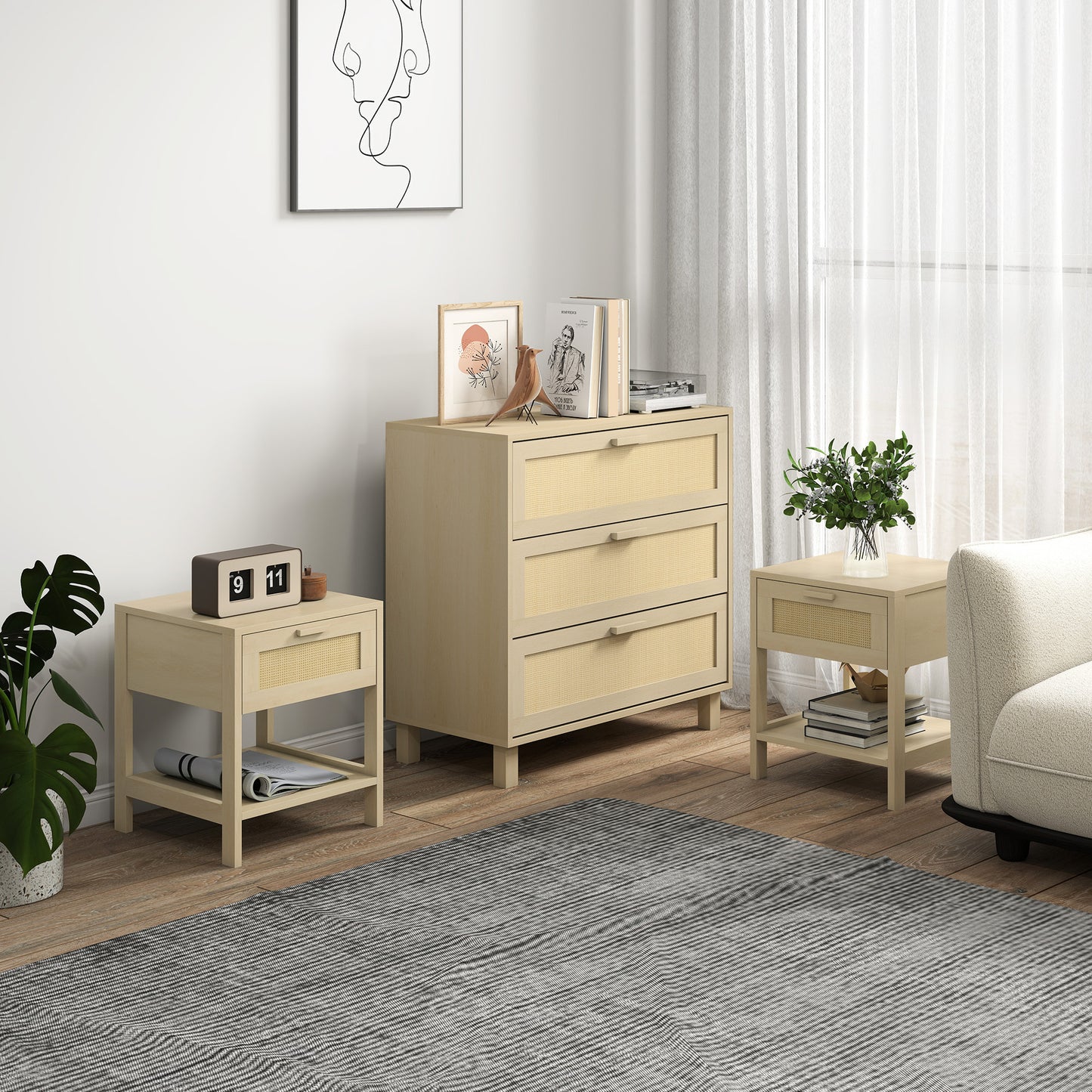 HOMCOM Chest Of Drawers And Nightstands Boho Rattan Furniture Set Natural Wood Finish