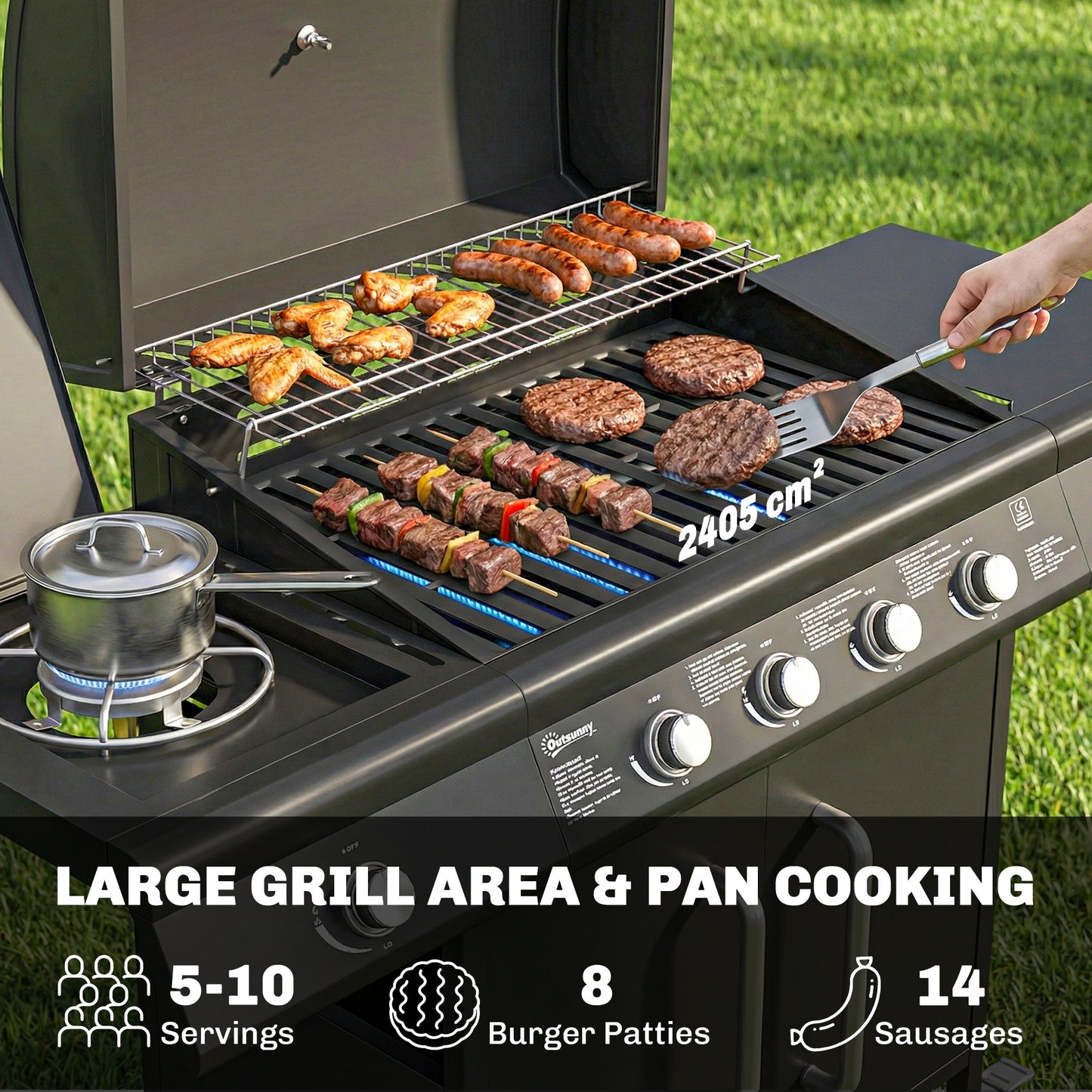 Outsunny 5 Burner Gas BBQ Grill With Storage Cabinet And Side Table, 15.2 kW Trolley, Warming Rack, 4 Wheels