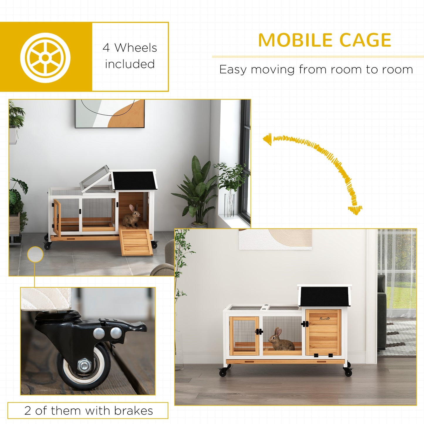 PawHut Wooden Rabbit Hutch Guinea Pig Cage with Removable Tray Wheels Yellow - ALL4U RETAILER LTD