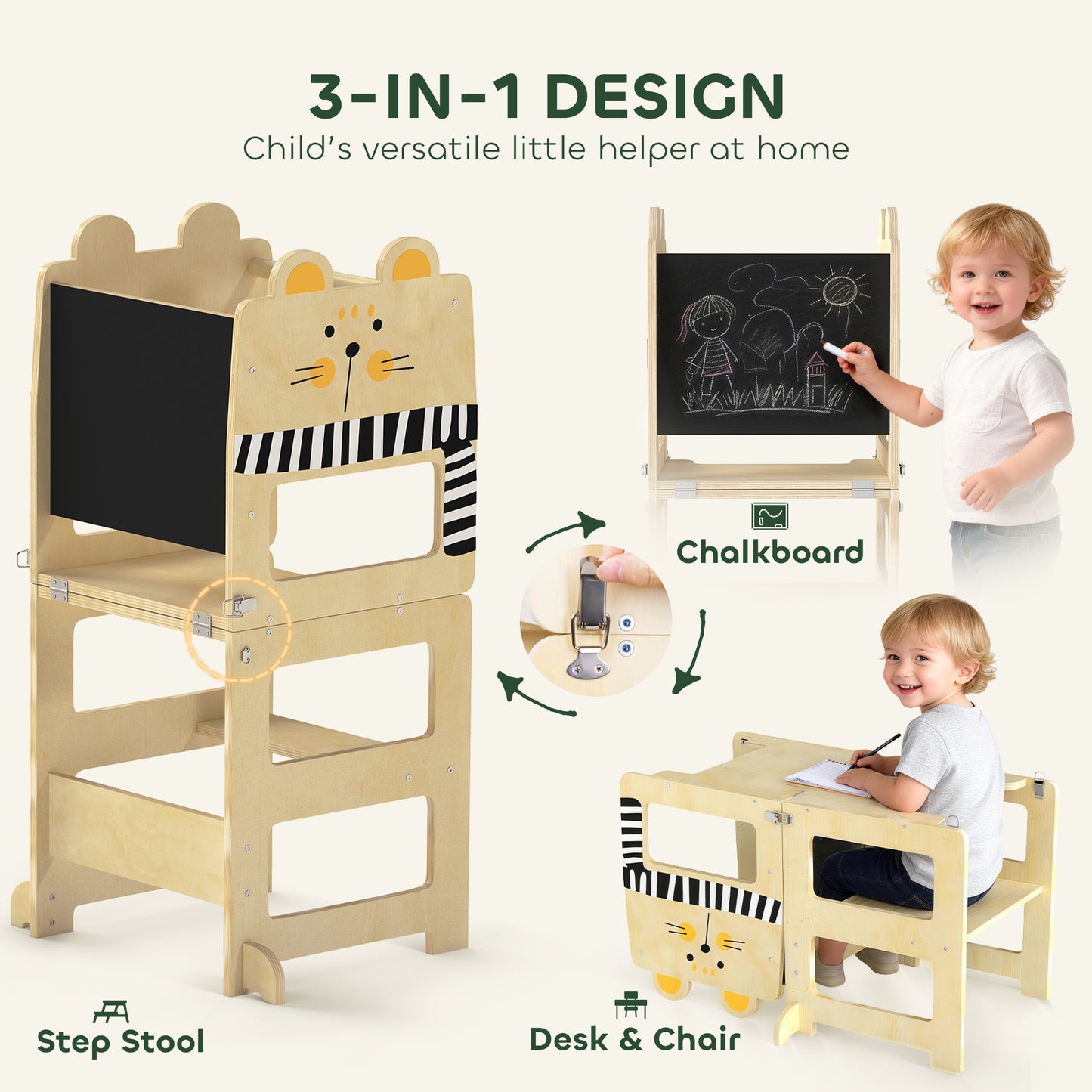 AIYAPLAY Cat Shaped Toddler Step Stool With Chalkboard Standing Tower Three In One Desk Conversion Kitchen Counter