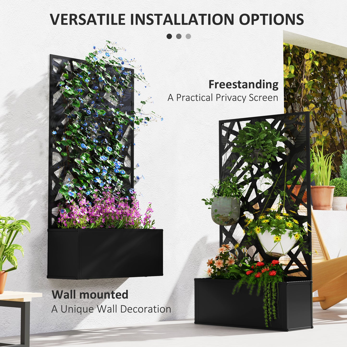 Outsunny Outdoor Metal Planter With Back Trellis Black Powder Coated 23 x 58 cm 32L Soil Capacity