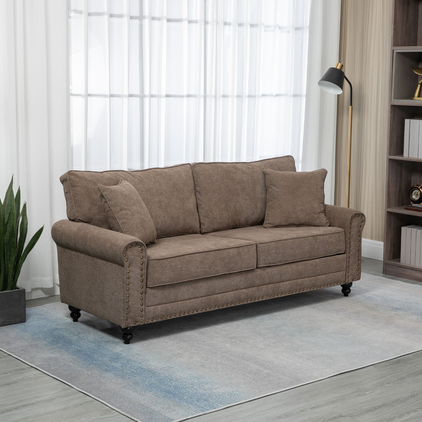 HOMCOM 196cm 3 Seater Fabric Sofa With Rubber Wood Legs Nailhead Trim Two Pillows Upholstered Couch Settee Brown