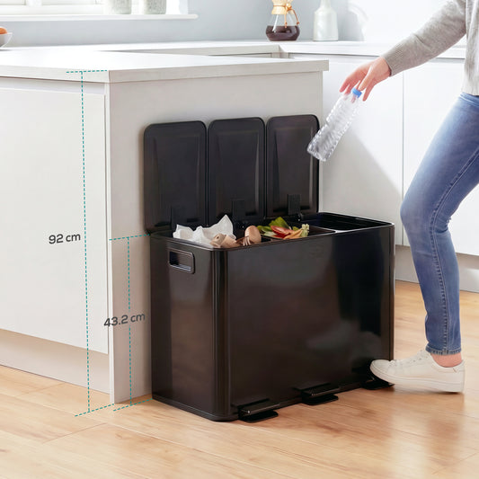 HOMCOM 3 x 15L Pedal Bin Stainless Steel Kitchen Bin With Soft Close Lid Removable Buckets Fingerprint Proof Black