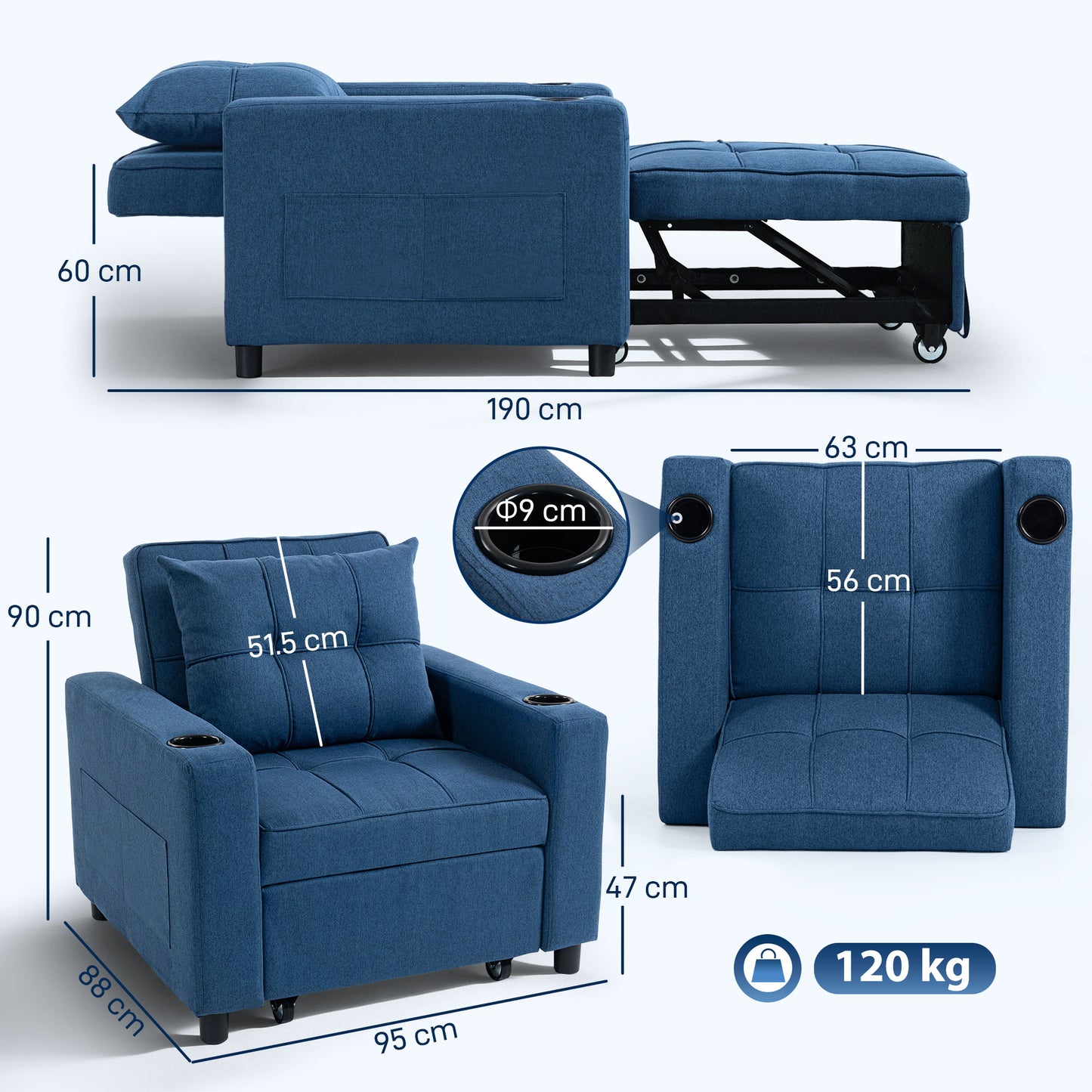 HOMCOM 3 In 1 Sofa Bed Convertible Armchair Lounger And Single Bed Dark Blue 95 x 190 cm