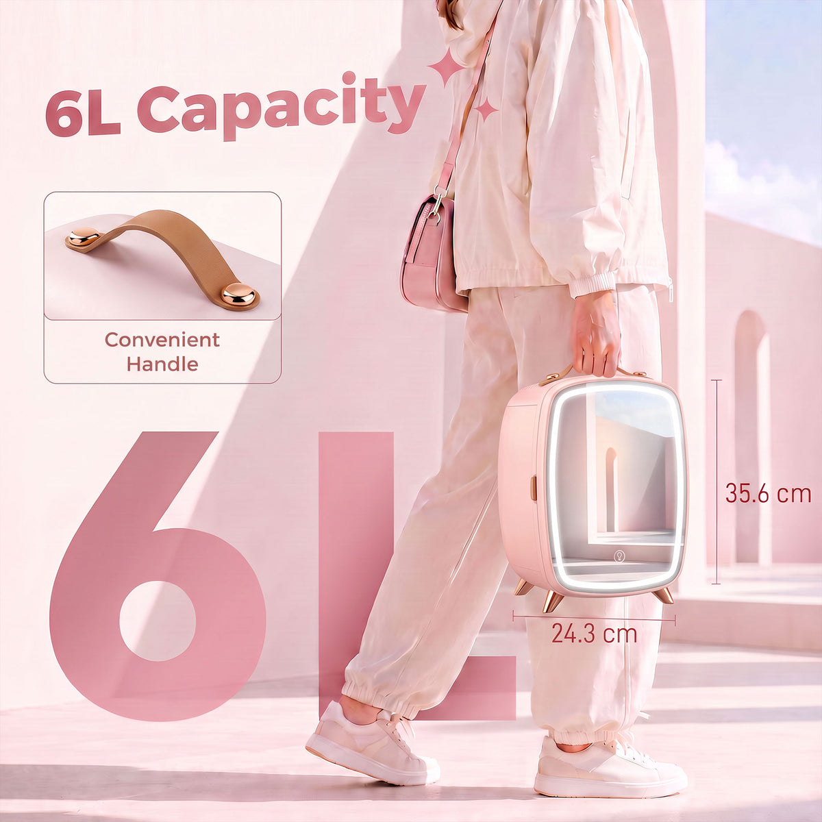 Pink mini cosmetic fridge with 6L capacity and convenient carrying handle