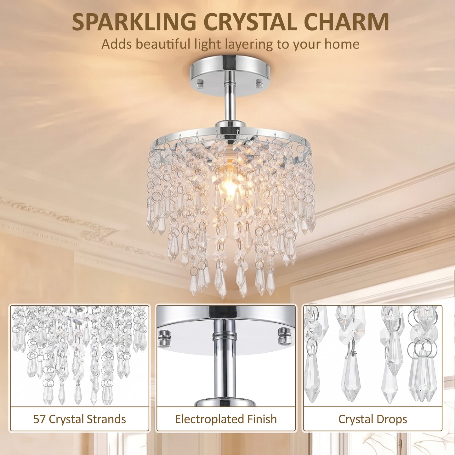HOMCOM Crystal Ceiling Light With 57 Strands For Hallway Silver Tone