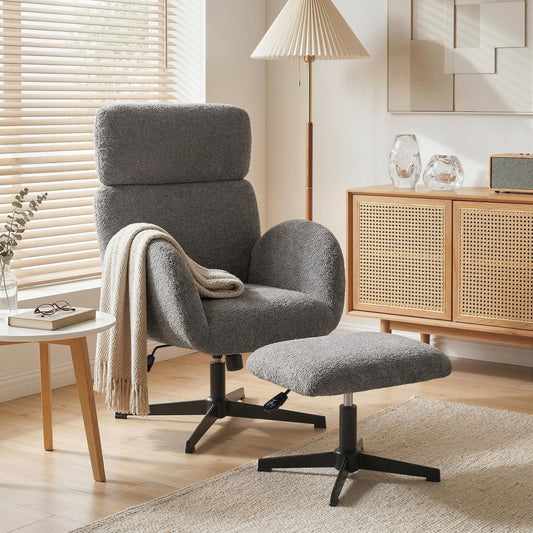 HOMCOM Swivel Armchair And Footstool Set With Adjustable Headrest Height Adjustable Rocking Function In Grey