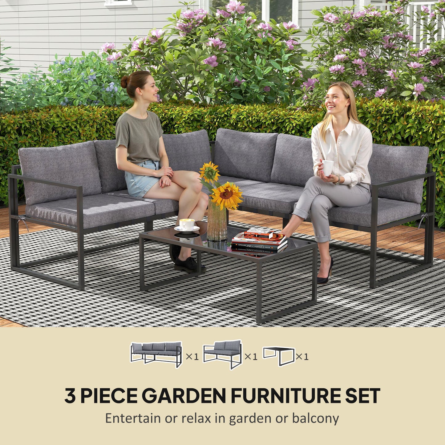 Outsunny L Shaped Garden Furniture Set With Cushions Three Piece Outdoor Patio Sofa Loveseat And Coffee Table In Grey