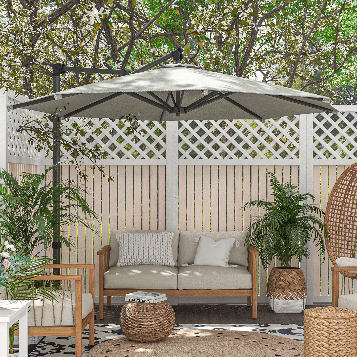 Outsunny 3 m Cantilever Banana Parasol with Cross Base, 360Â° Rotation Patio Umbrella with Crank Handle, Tilt, Beige - ALL4U RETAILER LTD