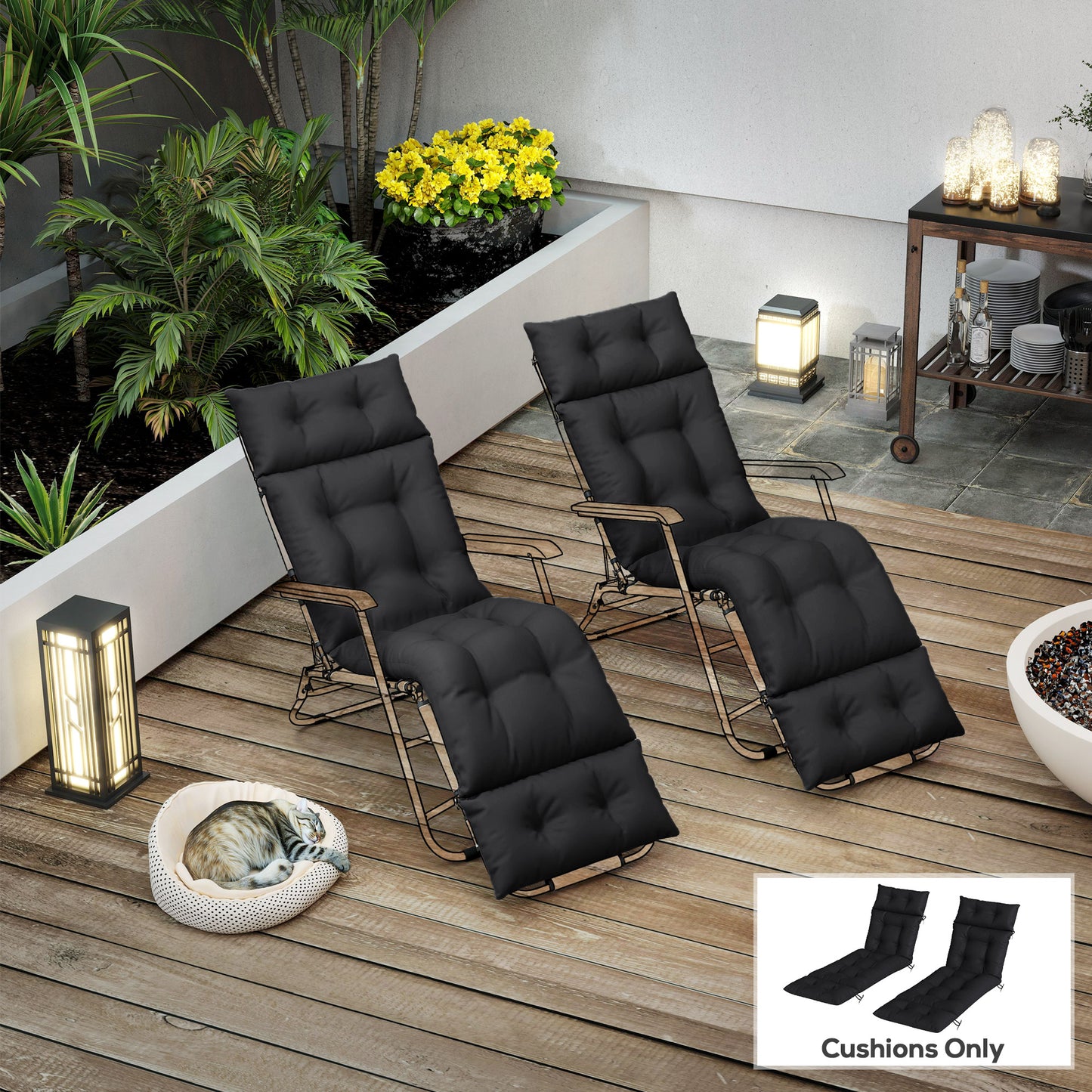 Outsunny Set Of Two 190 X 56 Cm Sun Lounger Cushions In Black With Six Tie Fasteners