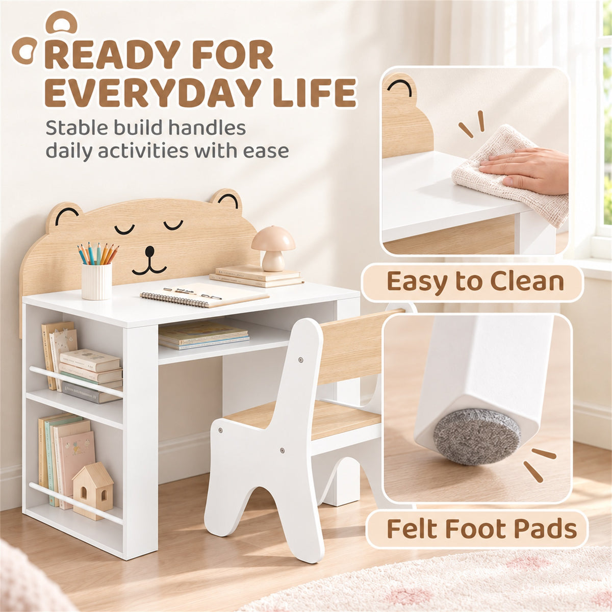 Kids table with bear panel, open shelf, and chair with felt foot pads