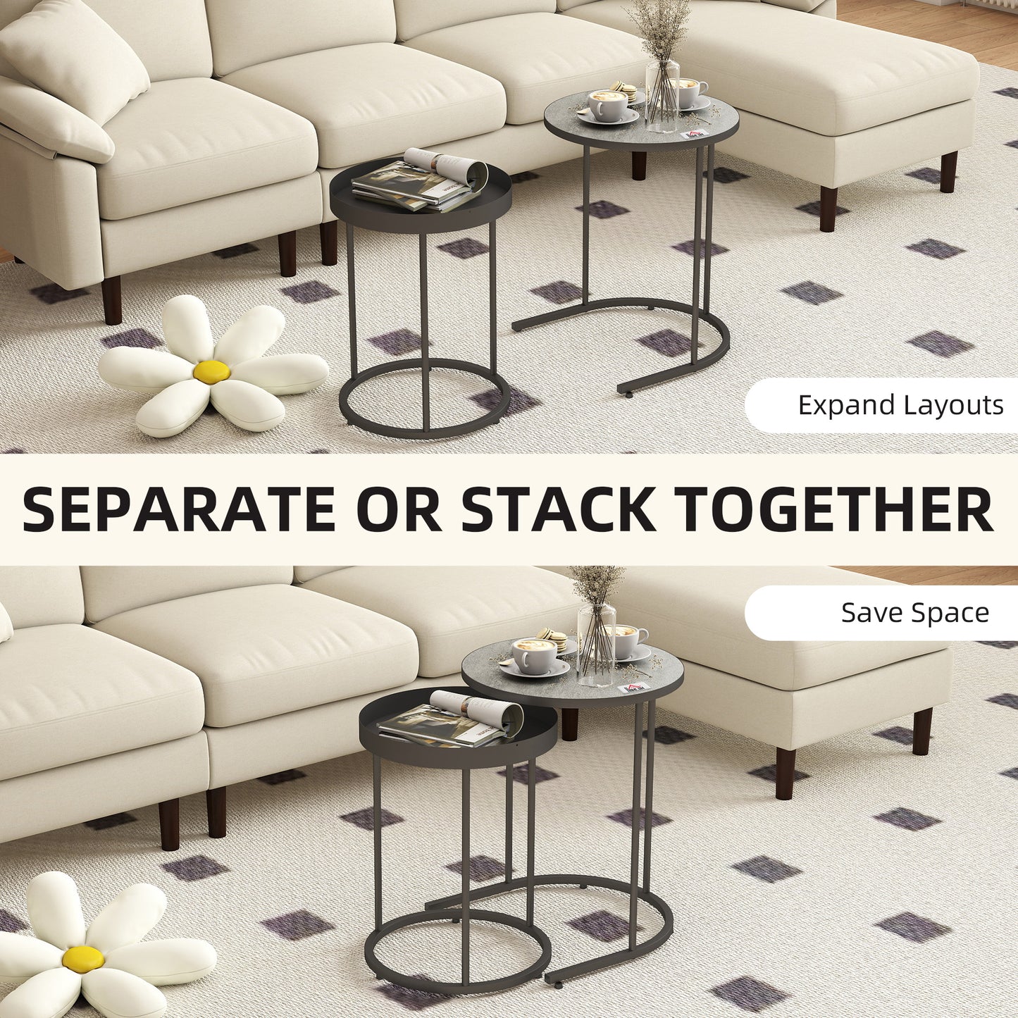 HOMCOM Industrial Nesting Tables Set of Two Grey Finish Small and Large Tables for Space Saving
