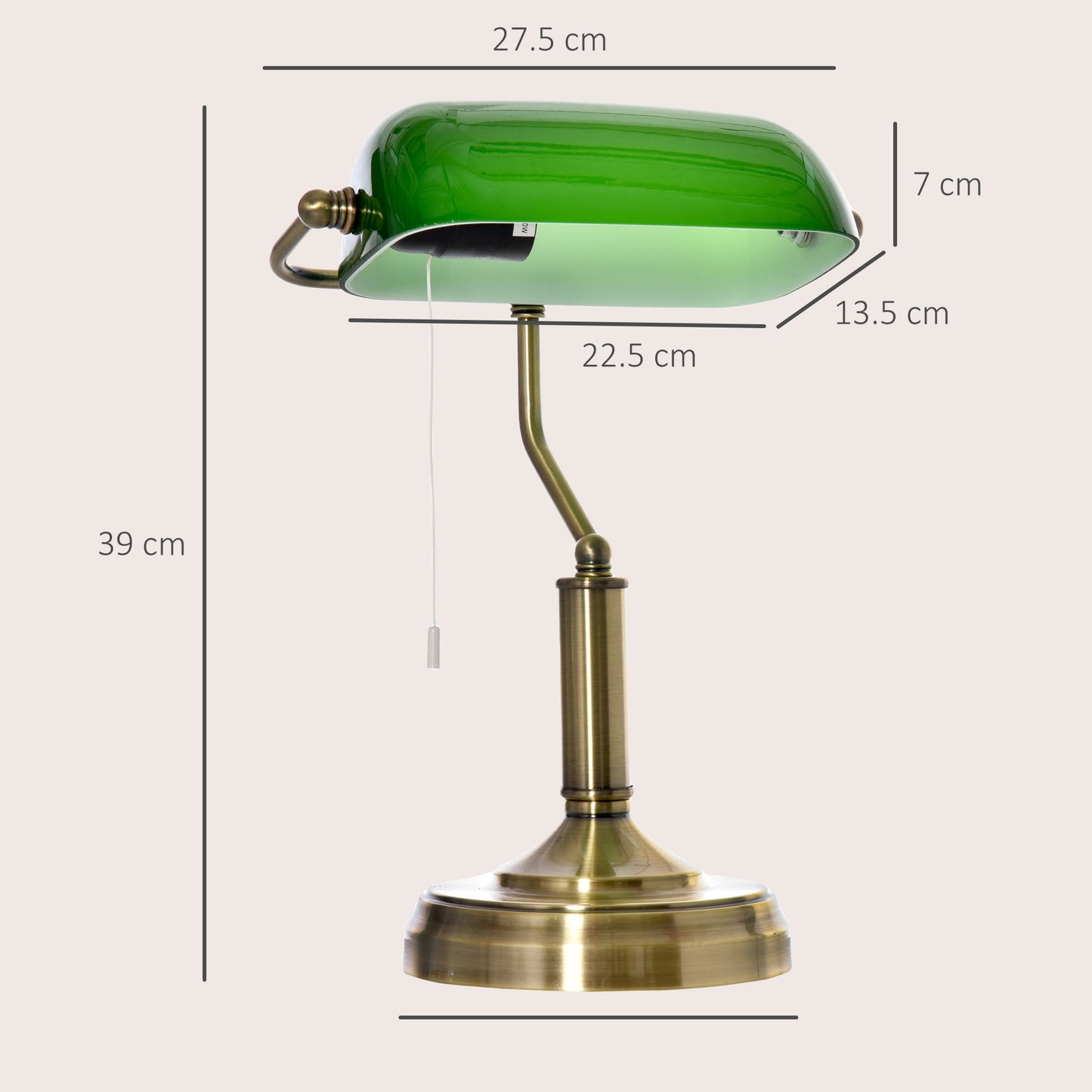 HOMCOM Bankers Table Lamps Set Of 2 With Bronze Base And Green Glass Shades Pull Rope Switch For Living Room