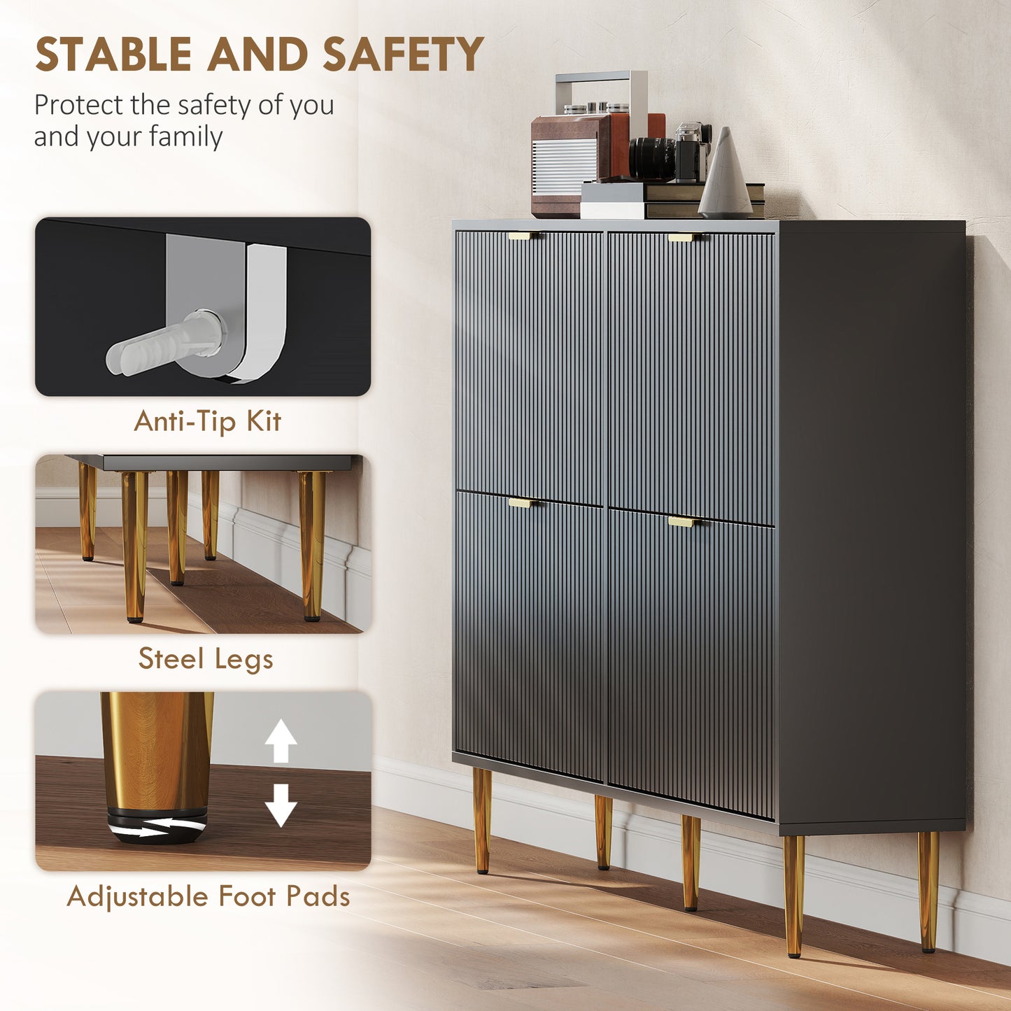 HOMCOM Elegant Four-Drawer White Shoe Cabinet With Adjustable Shelves Holds 10-20 Pairs And Gold-Colored Details