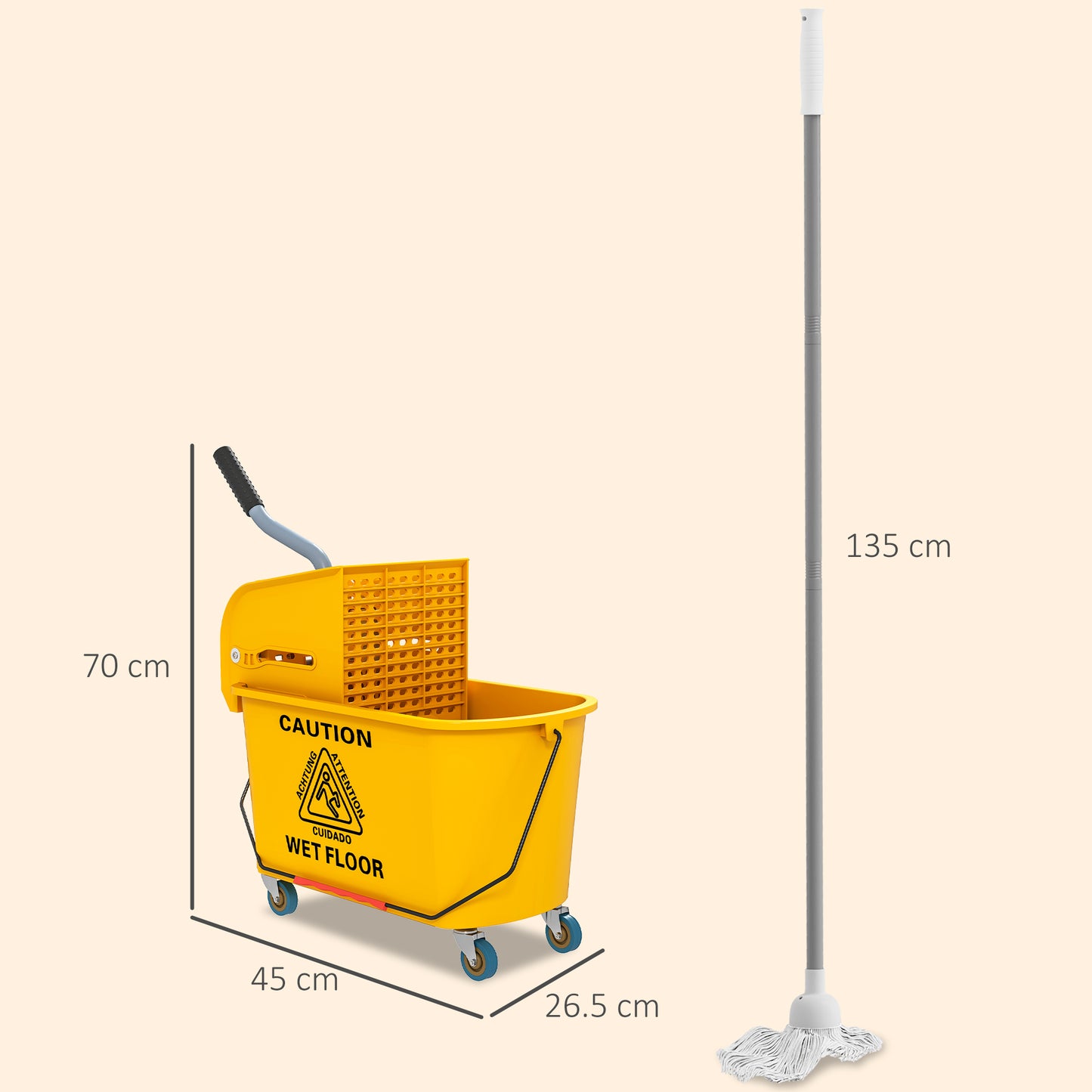 HOMCOM 20 Litre Mop Bucket With Wringer On Wheels Yellow For Floor Cleaning With Side Press And Included Mop