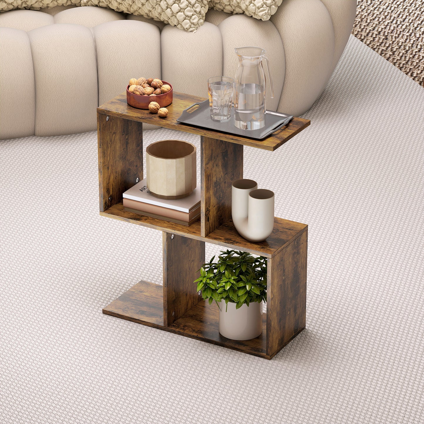 HOMCOM S Shaped Narrow Side Table With Storage Shelves 3 Tier Rustic Brown 50W 19D 58H Cm