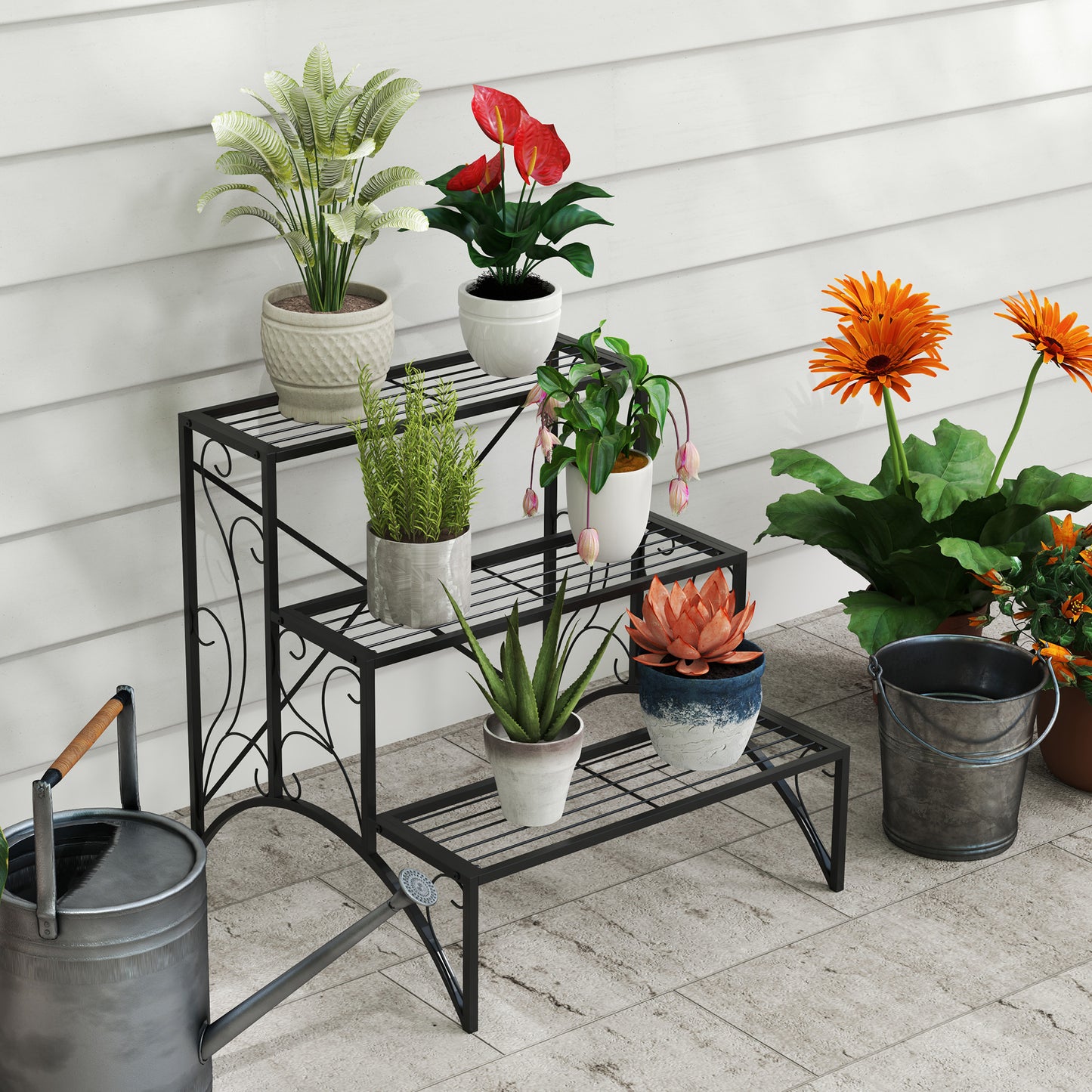 Outsunny Three Tier Decorative Metal Plant Stand Black Indoor Outdoor Garden Display