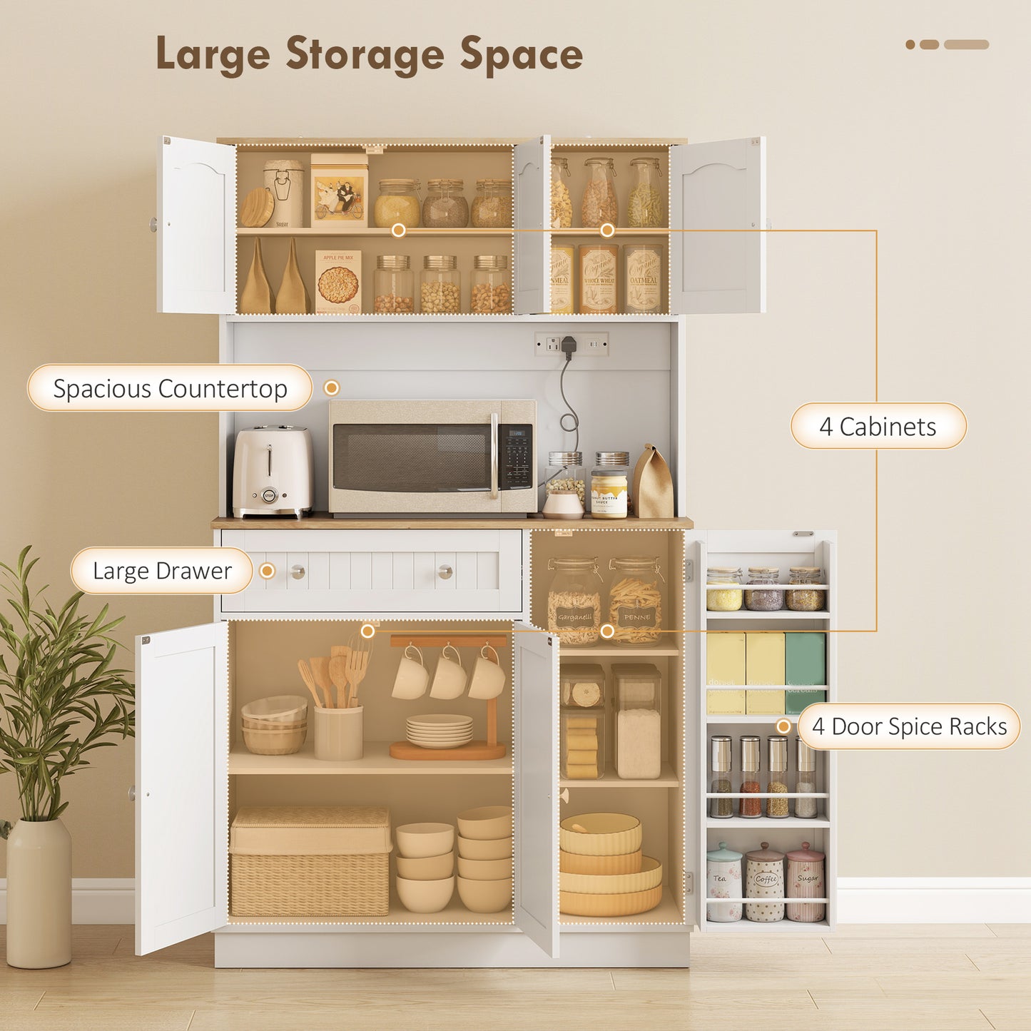 Tall Kitchen Pantry Cabinet With Charging Station And Adjustable Shelves