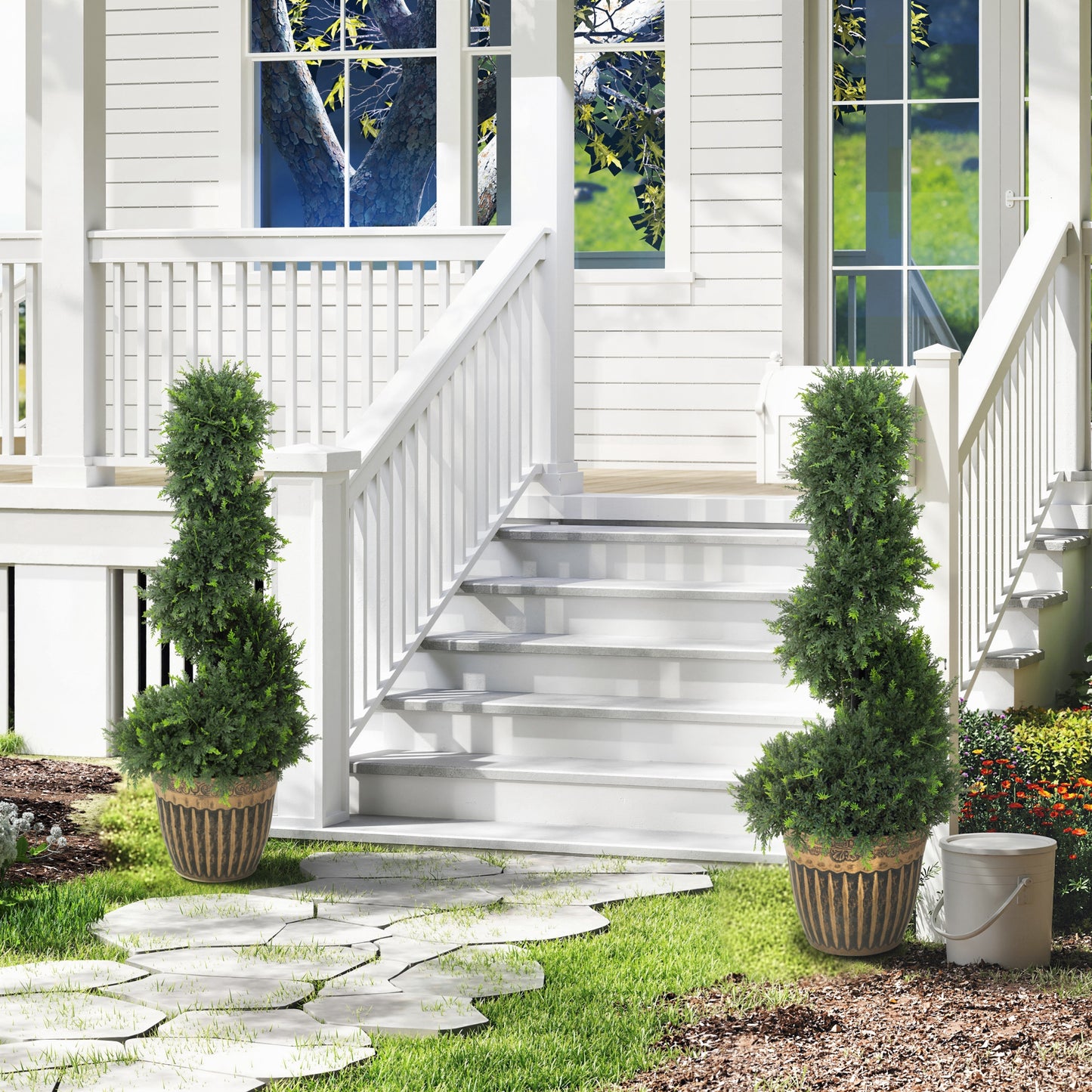 HOMCOM Set of 2 Artificial Boxwood Spiral Topiary Trees with Pots for Indoor Outdoor Decor 90cm