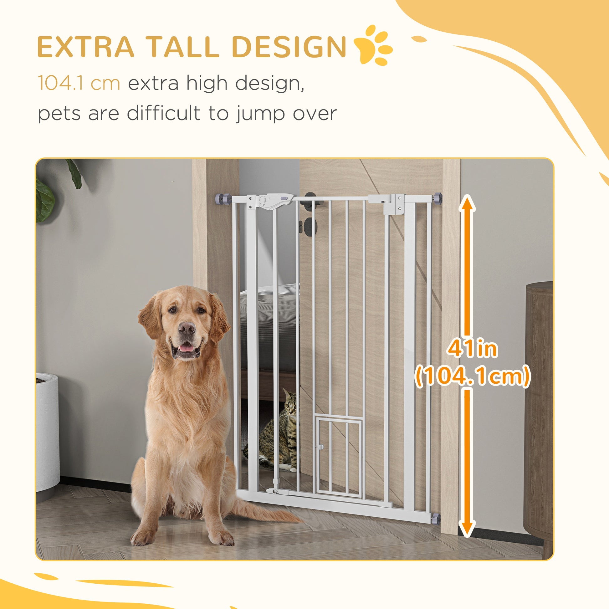 PawHut Extra Tall Indoor Pet Barrier with Cat Access, Automatic Close Feature, Fits 74-80cm Wide - White - ALL4U RETAILER LTD