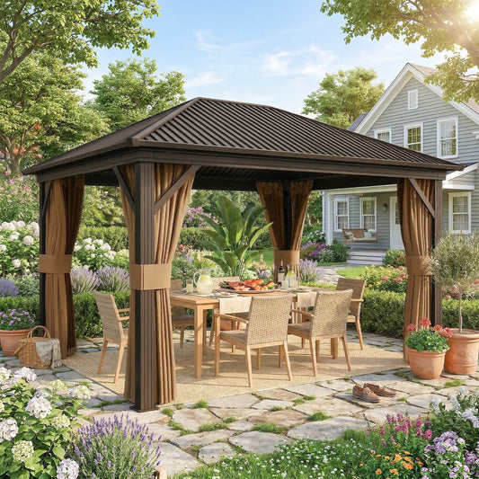 Outsunny 3.6 By 3 Metre Aluminium Hardtop Gazebo With Curtains Mesh Inset Brown With Accessories Included
