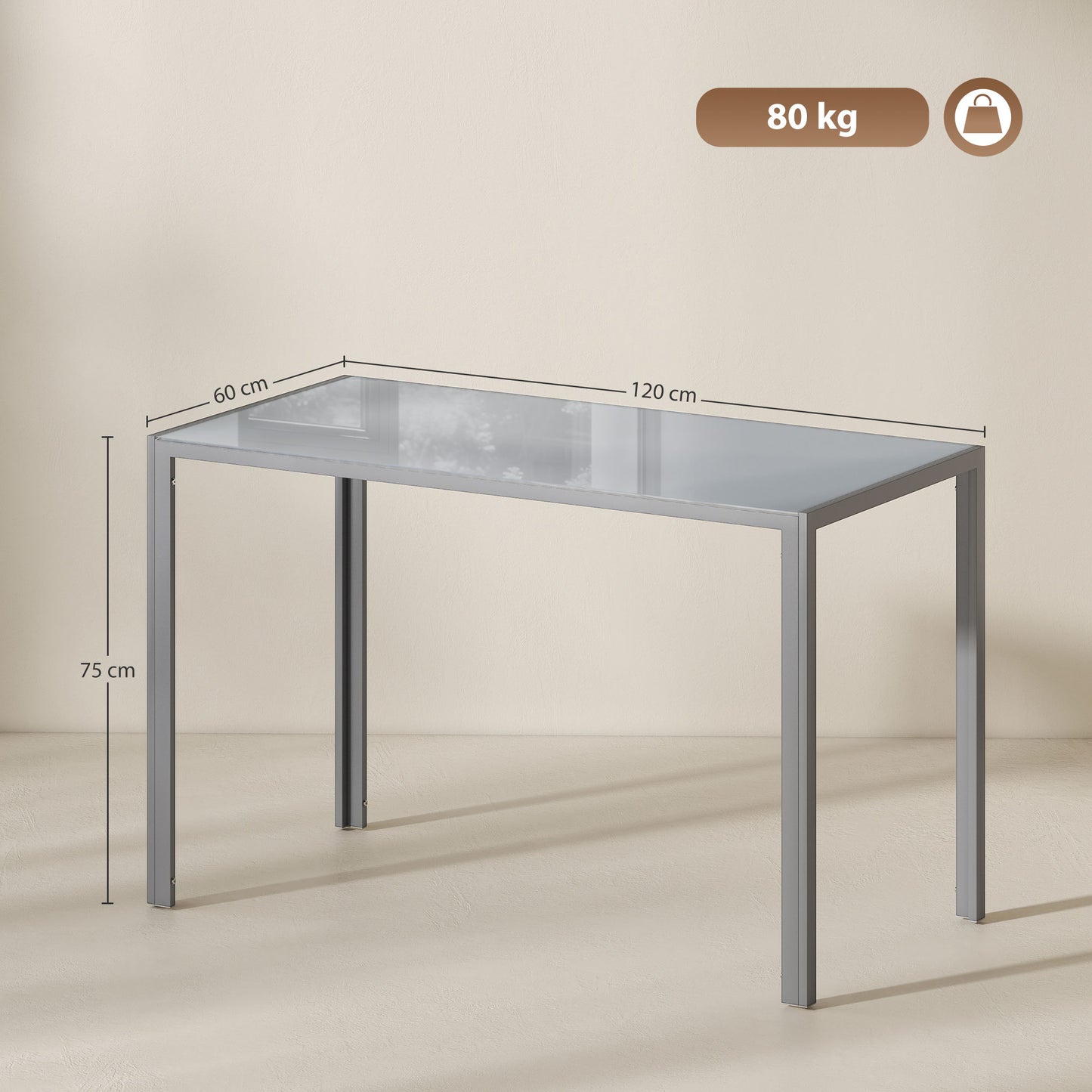 HOMCOM 120cm Dining Table Rectangle 4 Seater Kitchen Table With Tempered Glass Top And Metal Legs Grey