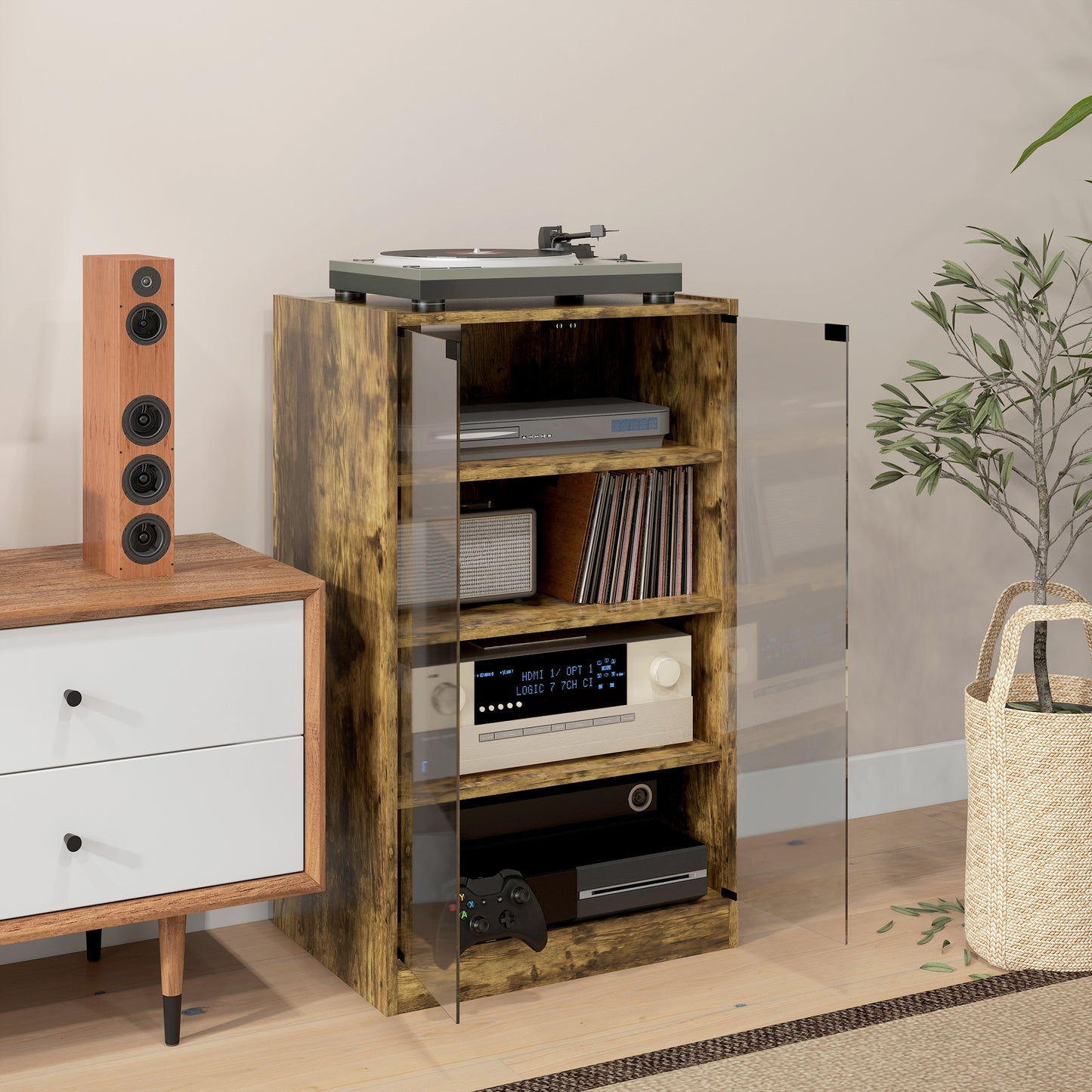 HOMCOM 4 Tier HiFi Record Player Stand With Adjustable Shelves And Push To Open Glass Doors Rustic Brown
