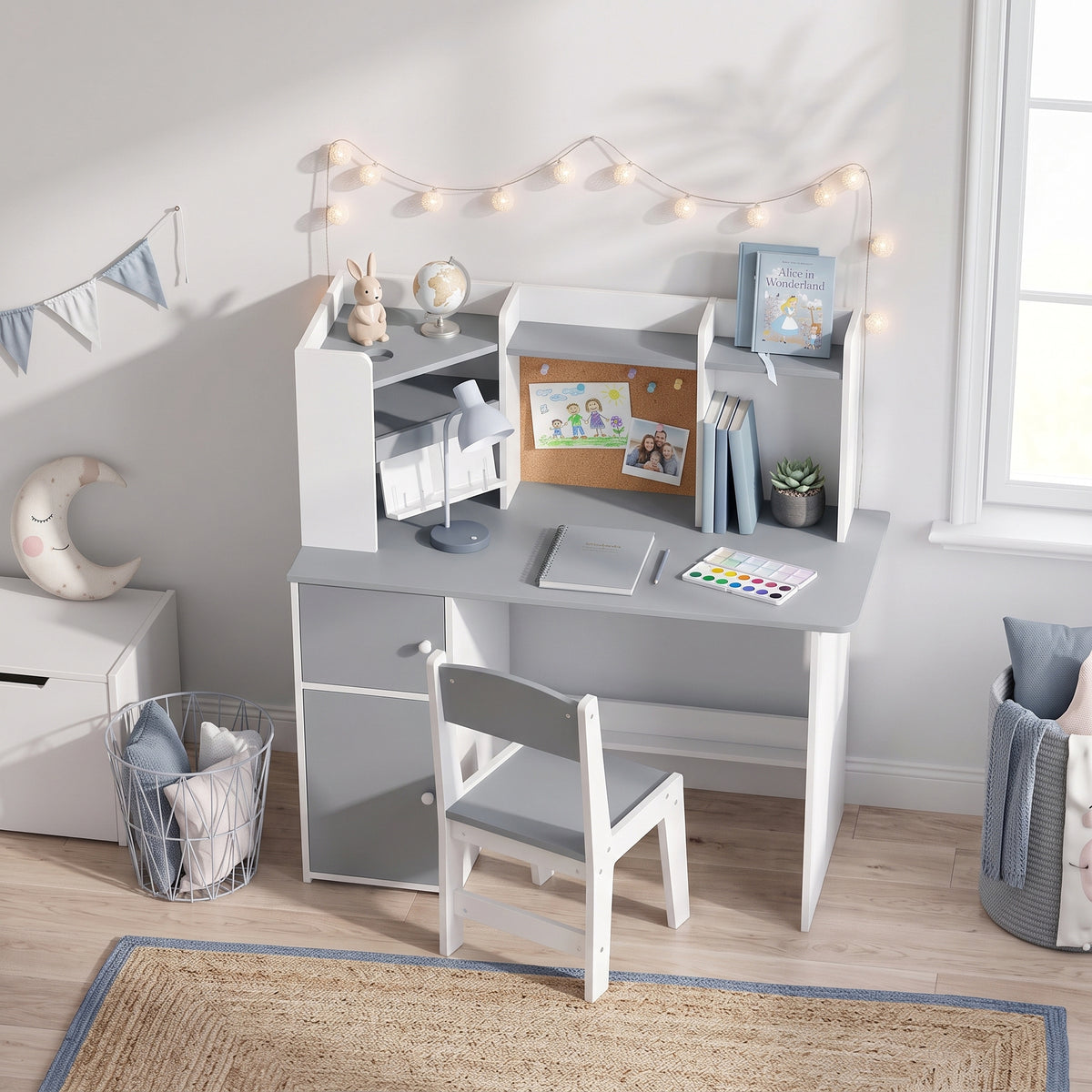 AIYAPLAY Grey Kids Desk and Chair Set With Storage and Adjustable Tablet Stand