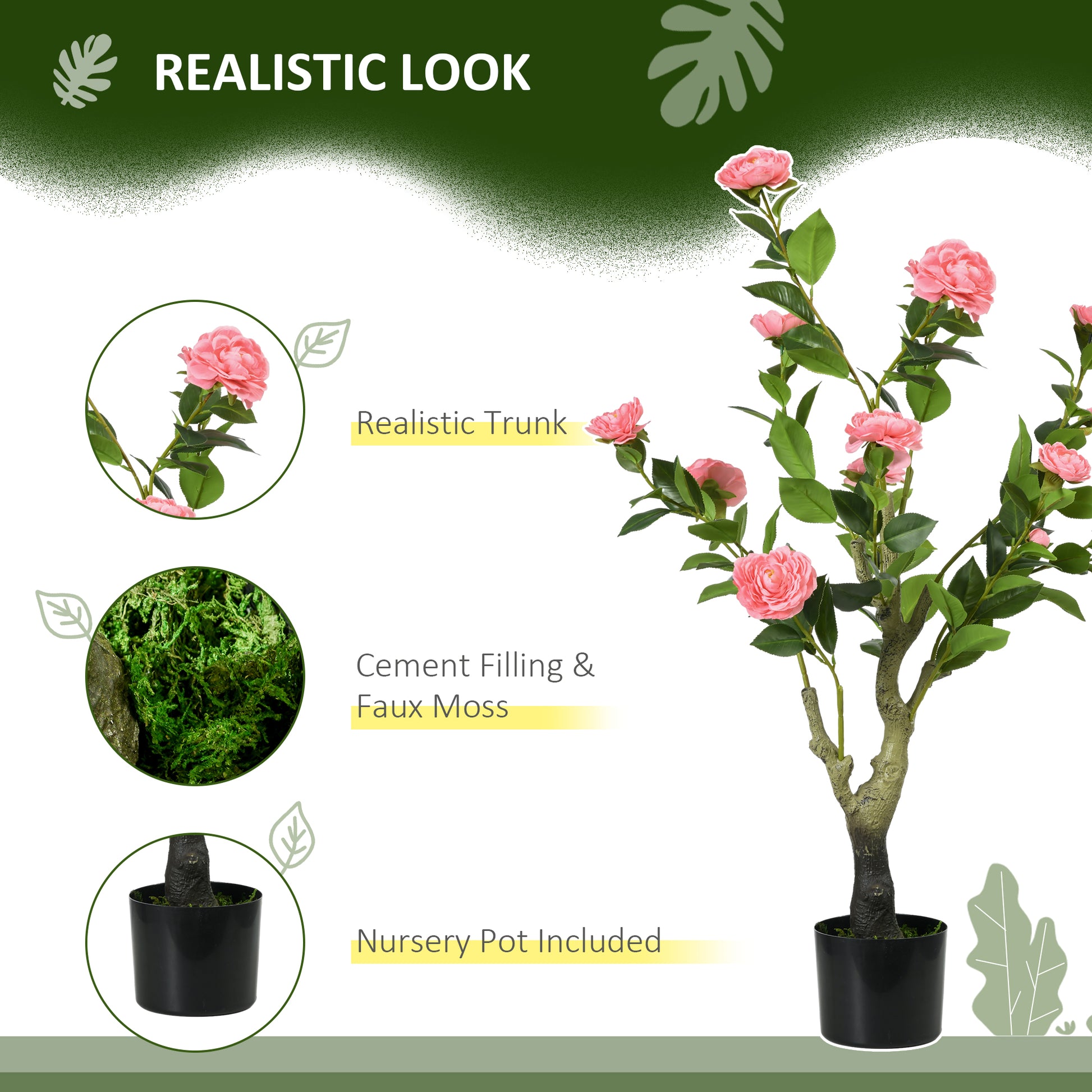 HOMCOM Set of 2 Pink Camellia Artificial Plants with Cement Pot for Indoor and Outdoor Decor, 95cm Tall - ALL4U RETAILER LTD