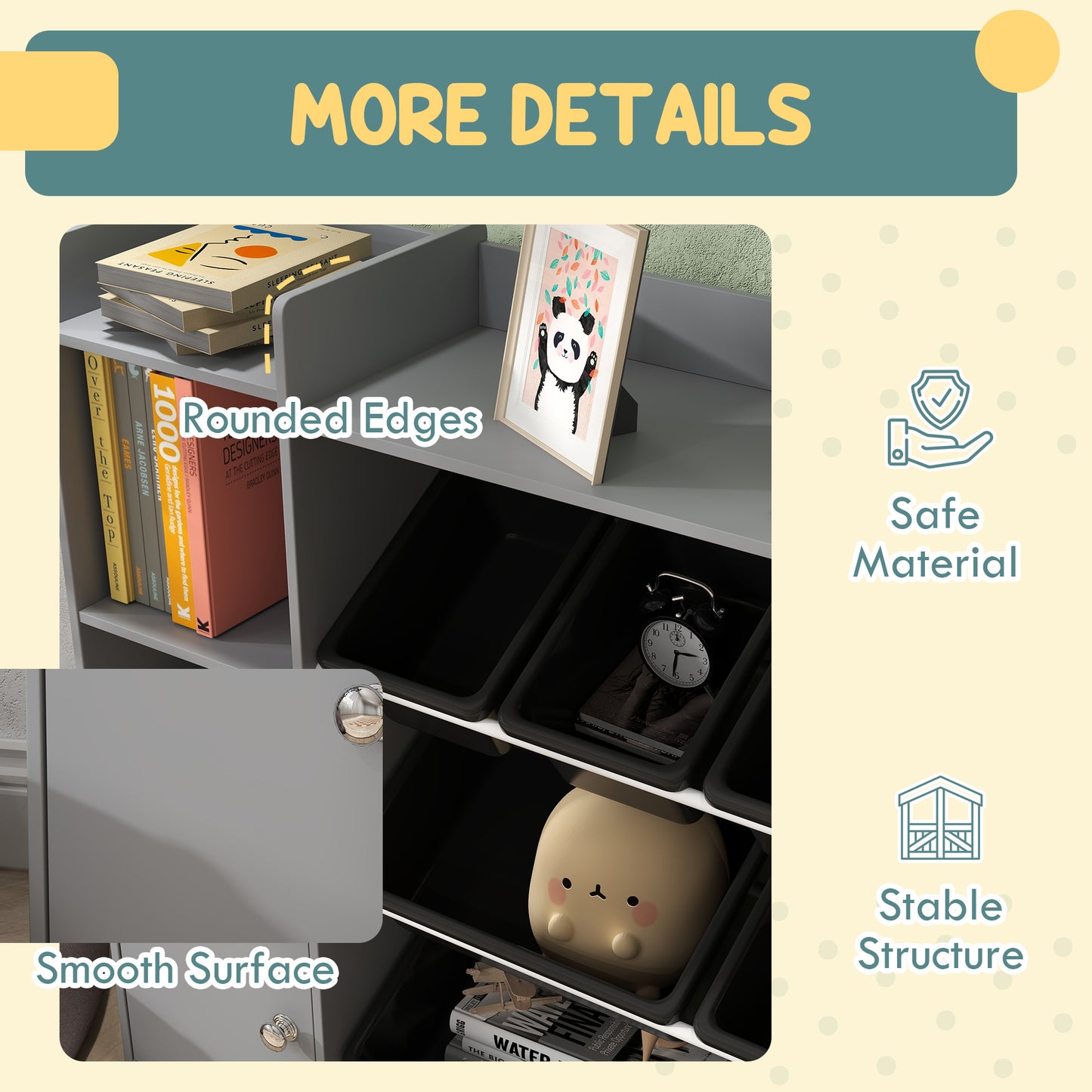 AIYAPLAY Toy Storage Unit With 8 Removable Bins Storage Shelves And Cabinet In Grey