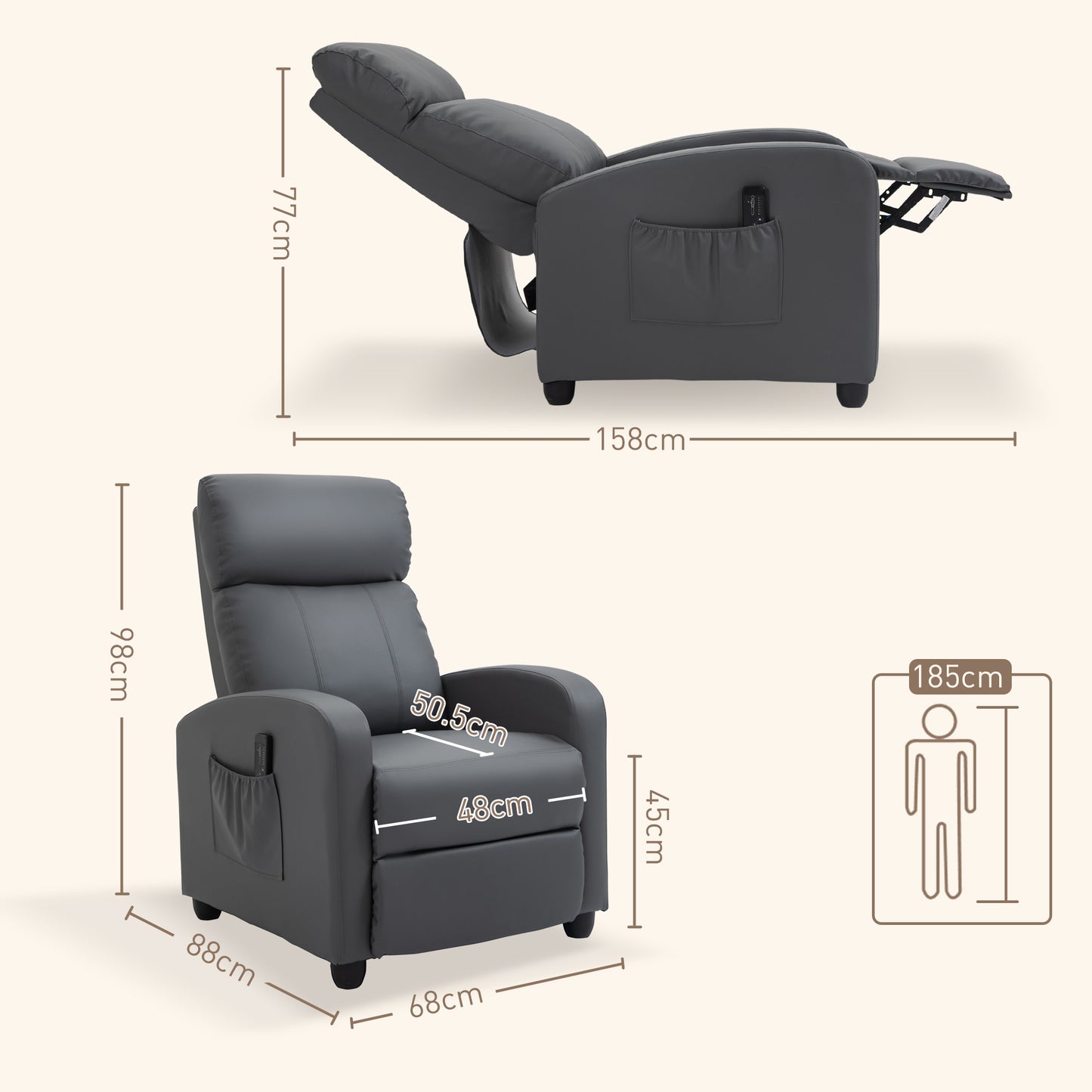 HOMCOM Recliner Armchair Massage Faux Leather Push Back Reclining Chair with Adjustable Leg Rest and Side Pocket Grey