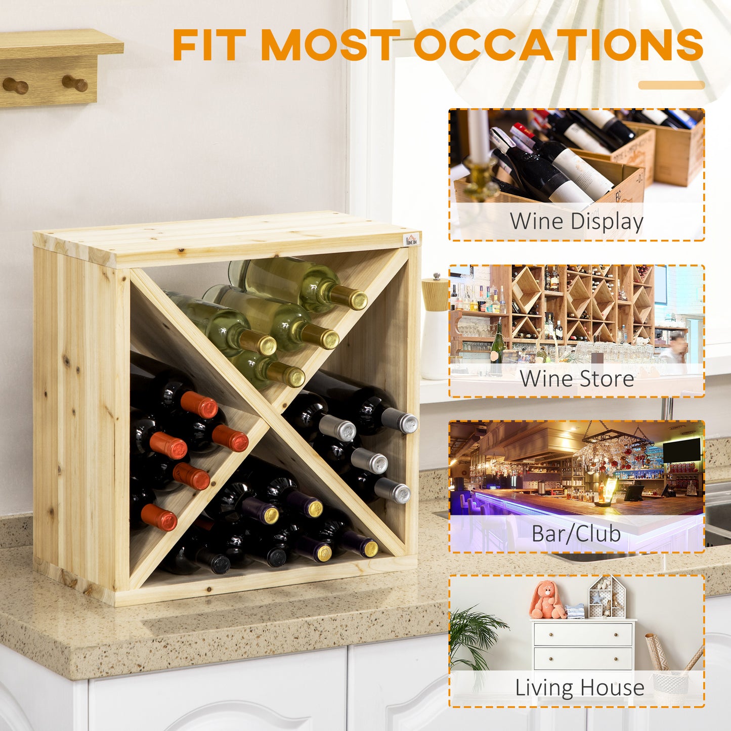 HOMCOM 24 Bottles Solid Wood Wine Rack Stand With X Cube Design Natural Finish For Compact Wine Storage