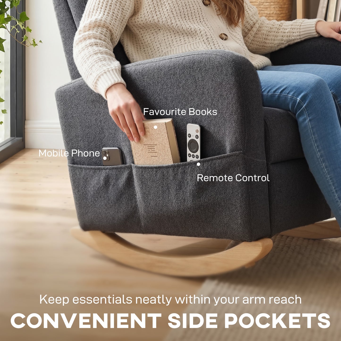 HOMCOM Upholstered Rocking Chair With Retractable Footrest High Back For Living Room Grey