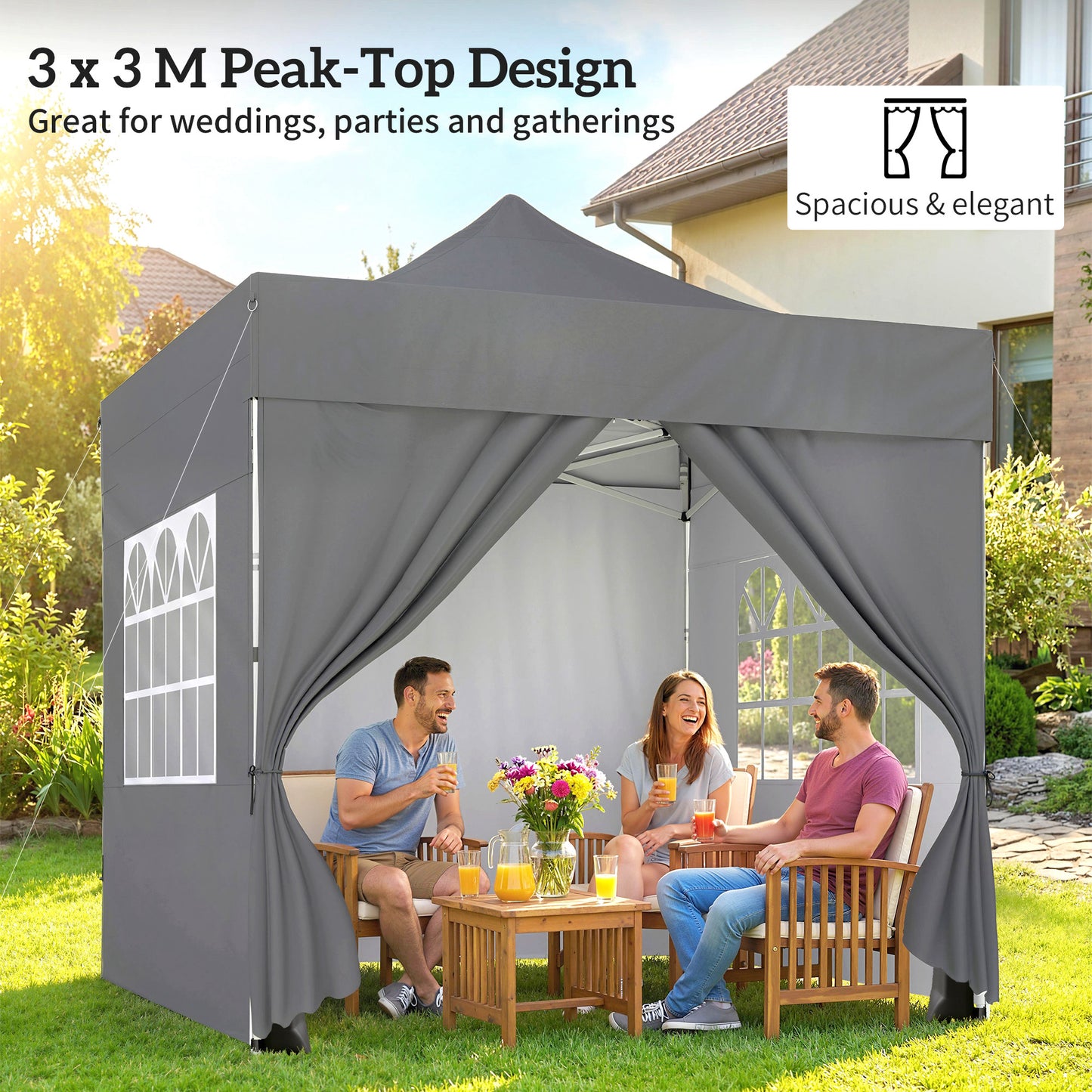 Outsunny 3m By 3m Pop Up Gazebo With Sidewalls UPF 50 Plus Heavy Duty Garden Tent Marquee Dark Grey Wheeled Carry Bag