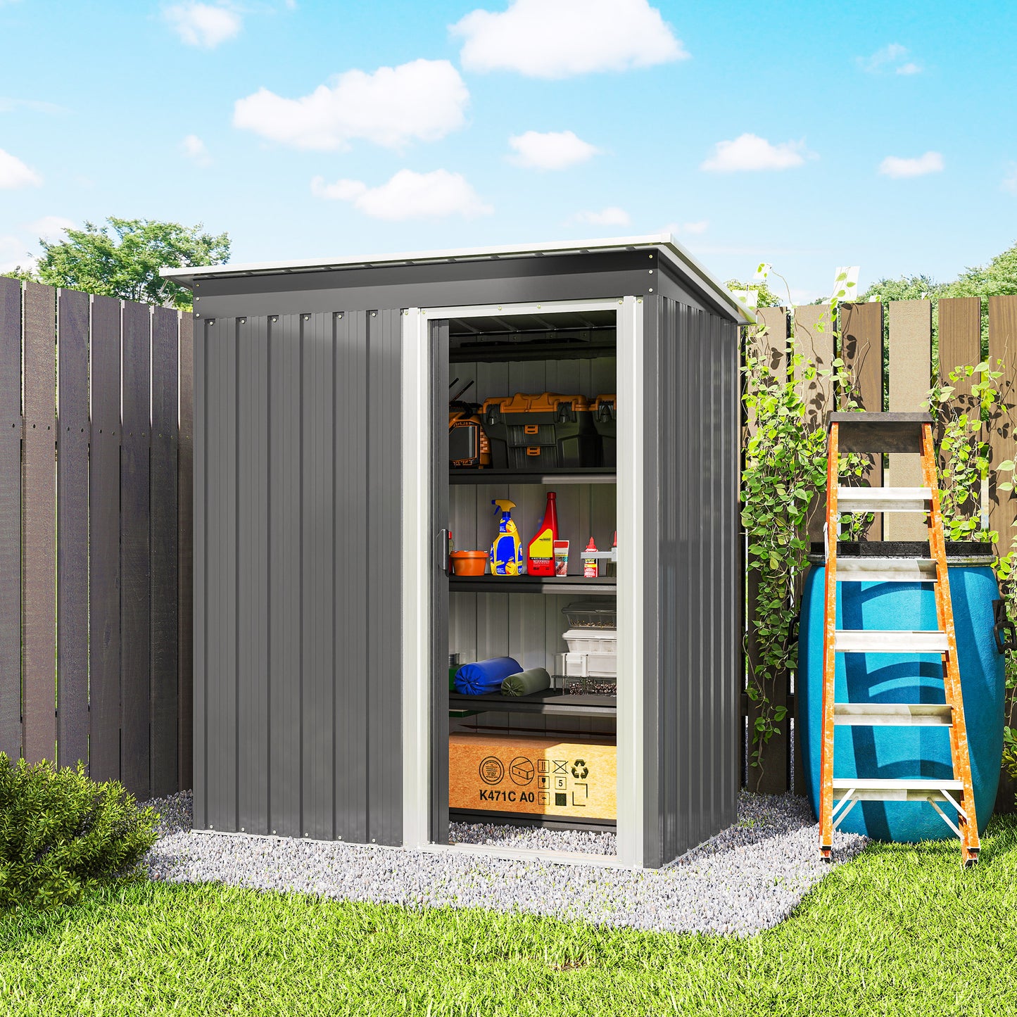 Outsunny 5x3 Ft Garden Storage Shed With Sliding Door Sloped Roof For Outdoor Tools Light Grey
