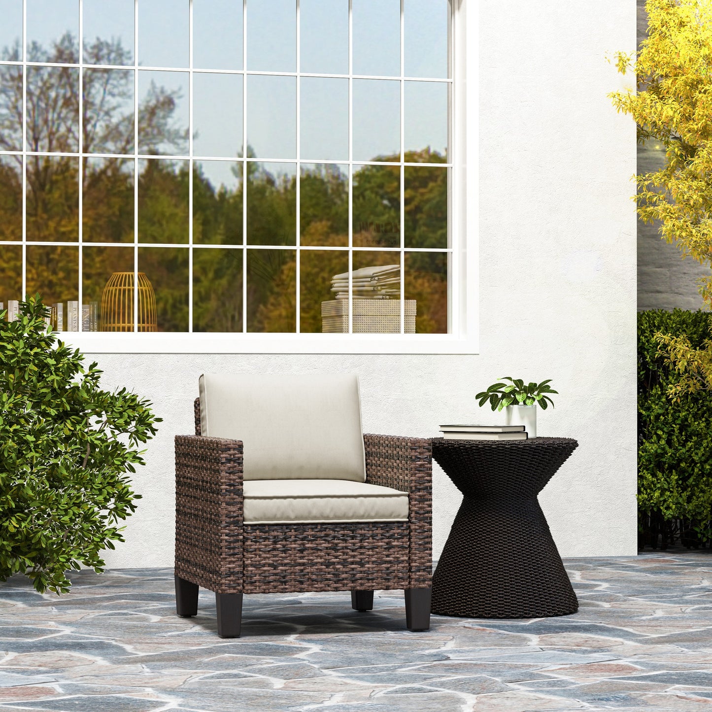 Outsunny Single Rattan Armchair With Cushions Brown Outdoor Garden Lounge Chair Removable Washable Cushion Covers