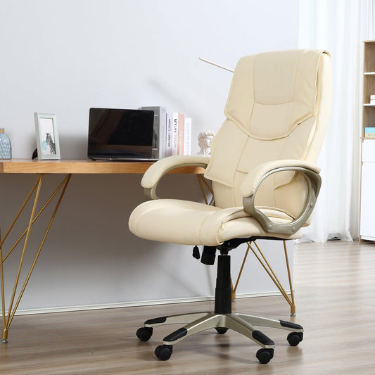 HOMCOM Home Office Chair High Back Computer Desk Chair with Faux Leather Adjustable Height Rocking Function Cream White - ALL4U RETAILER LTD