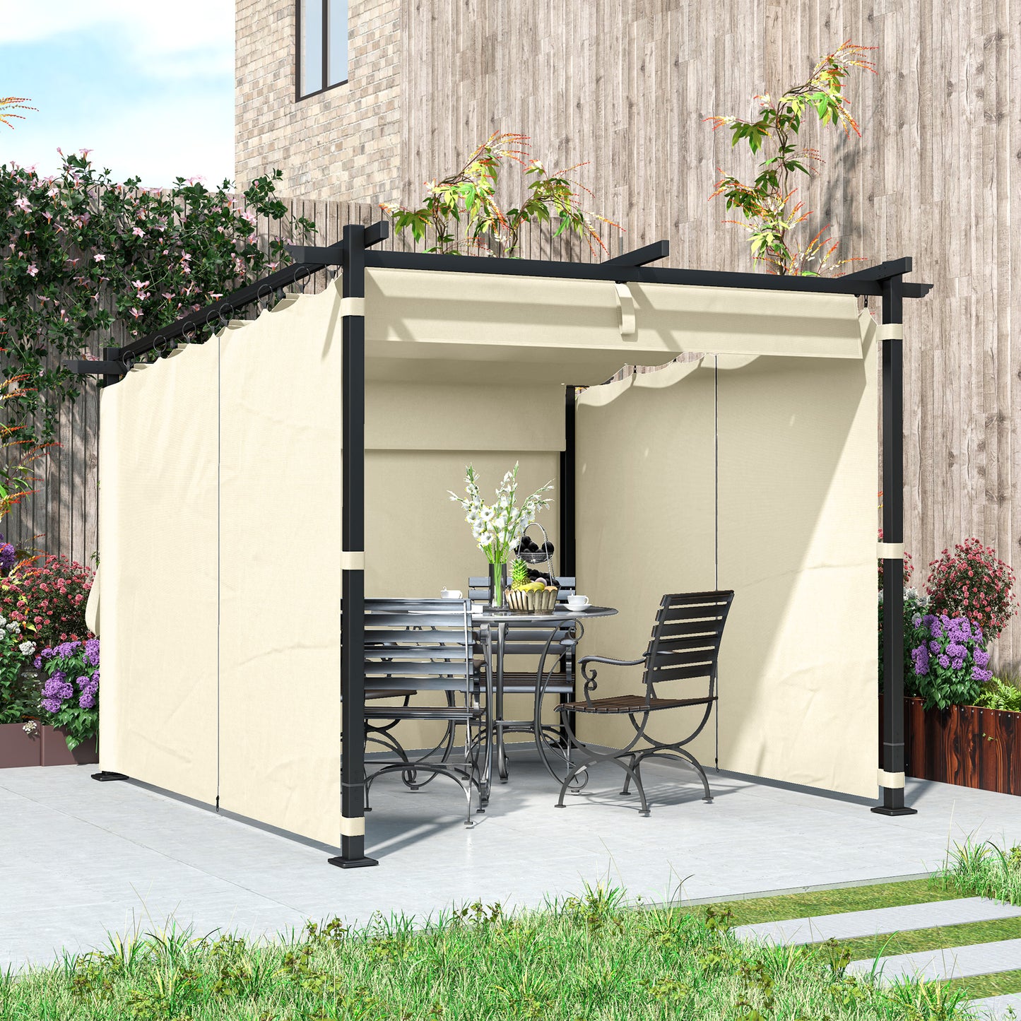 Outsunny 3 x 3 m Retractable Roof Pergola With Curtains Beige Outdoor Garden Patio Shade