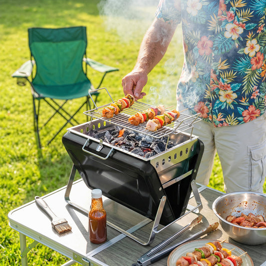 Outsunny Portable Charcoal BBQ Grill Stainless Steel Tilting Grate for Camping Picnic Garden Black