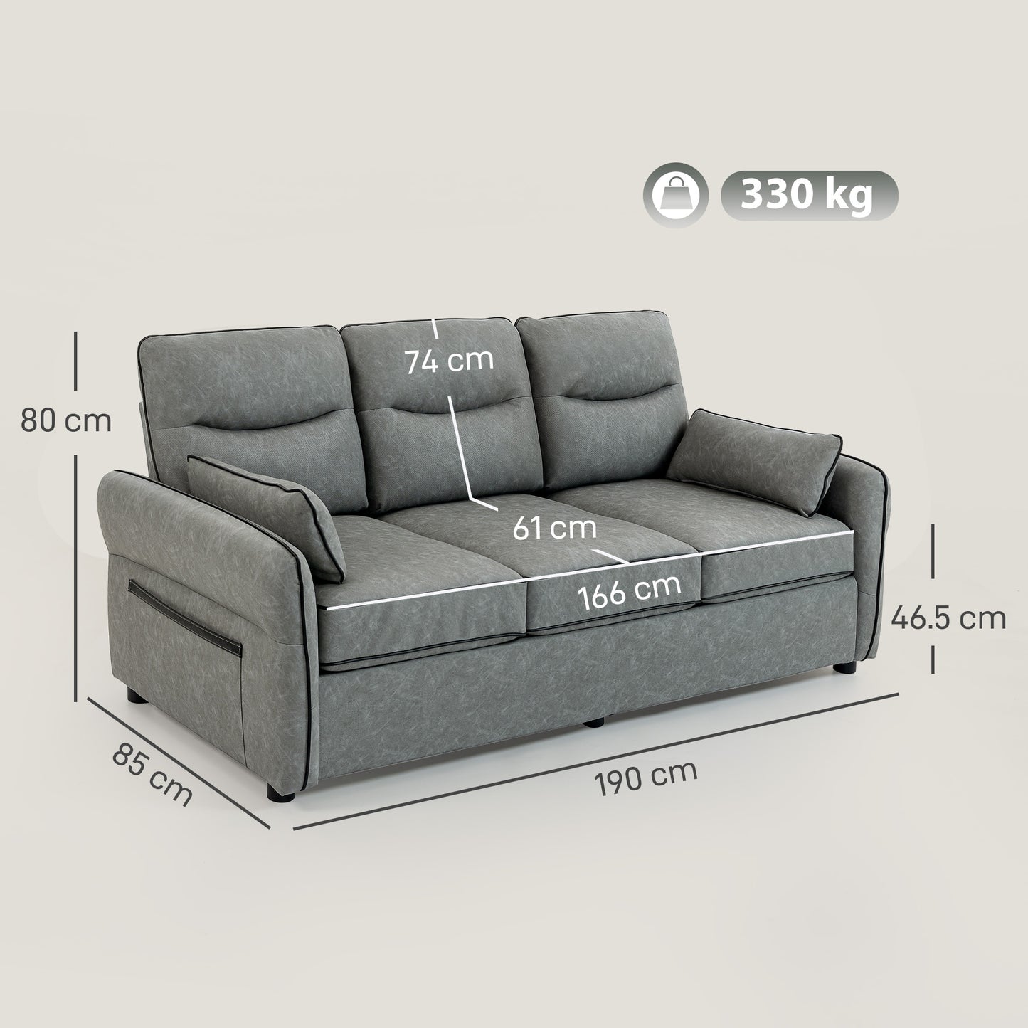 HOMCOM 3 Seater Faux Leather Sofa Grey With Black Piping Modern Minimal Design And Comfort