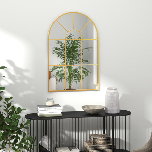 HOMCOM 90 By 61 Cm Arched Grid Mirror Gold Tone With Metal Frame Wall Mount Hooks For Bedroom Hallway Decor