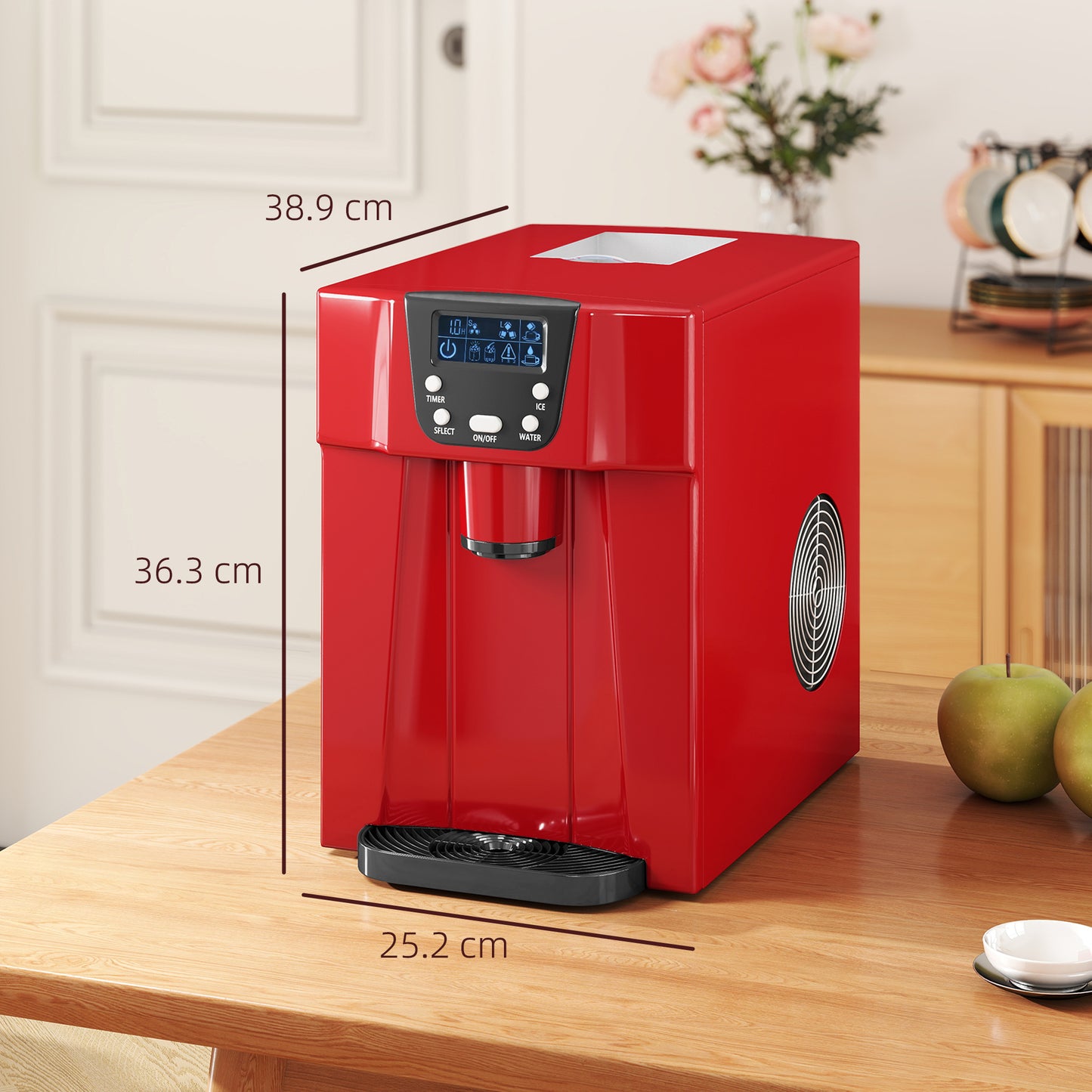 HOMCOM 3L Ice Maker and Water Dispenser Red, Produces 12kg Ice in 24 Hours, Cube Sizes, 9 Cubes Ready in 6-10 Minutes