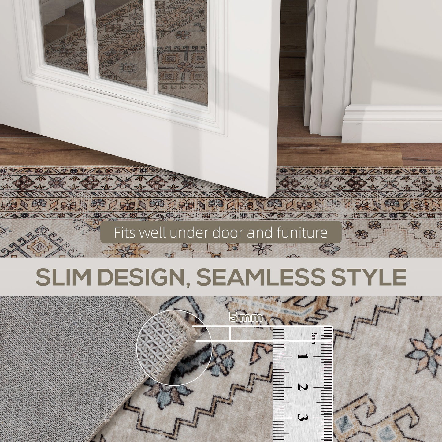 HOMCOM Vintage Area Rug Non Slip Washable Flannel Floor Carpet For Living Room Bedroom Dining Room 230x160 Cm Beige