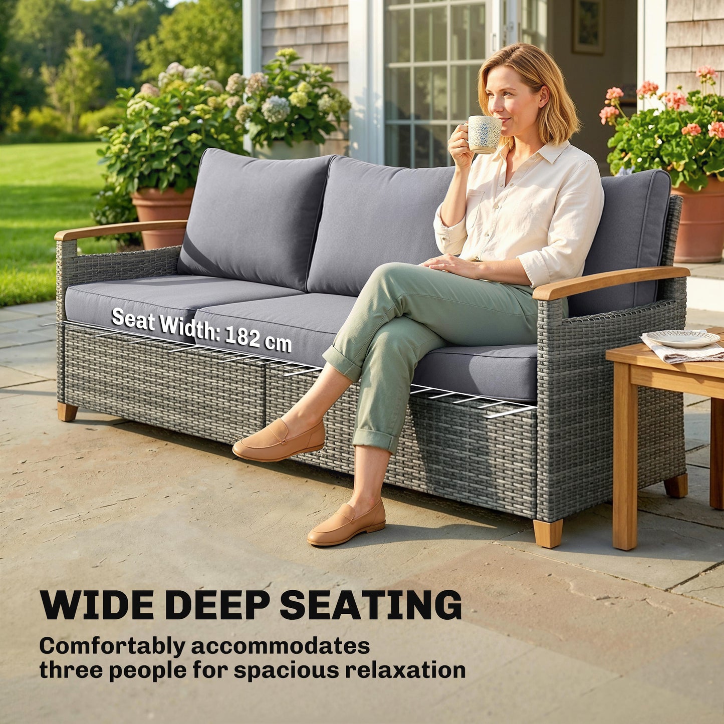 Outsunny 3 Seater Rattan Garden Sofa Outdoor PE Wicker Wood Effect Armrests Legs Deep Seat 4 Inch Cushions Dark Grey