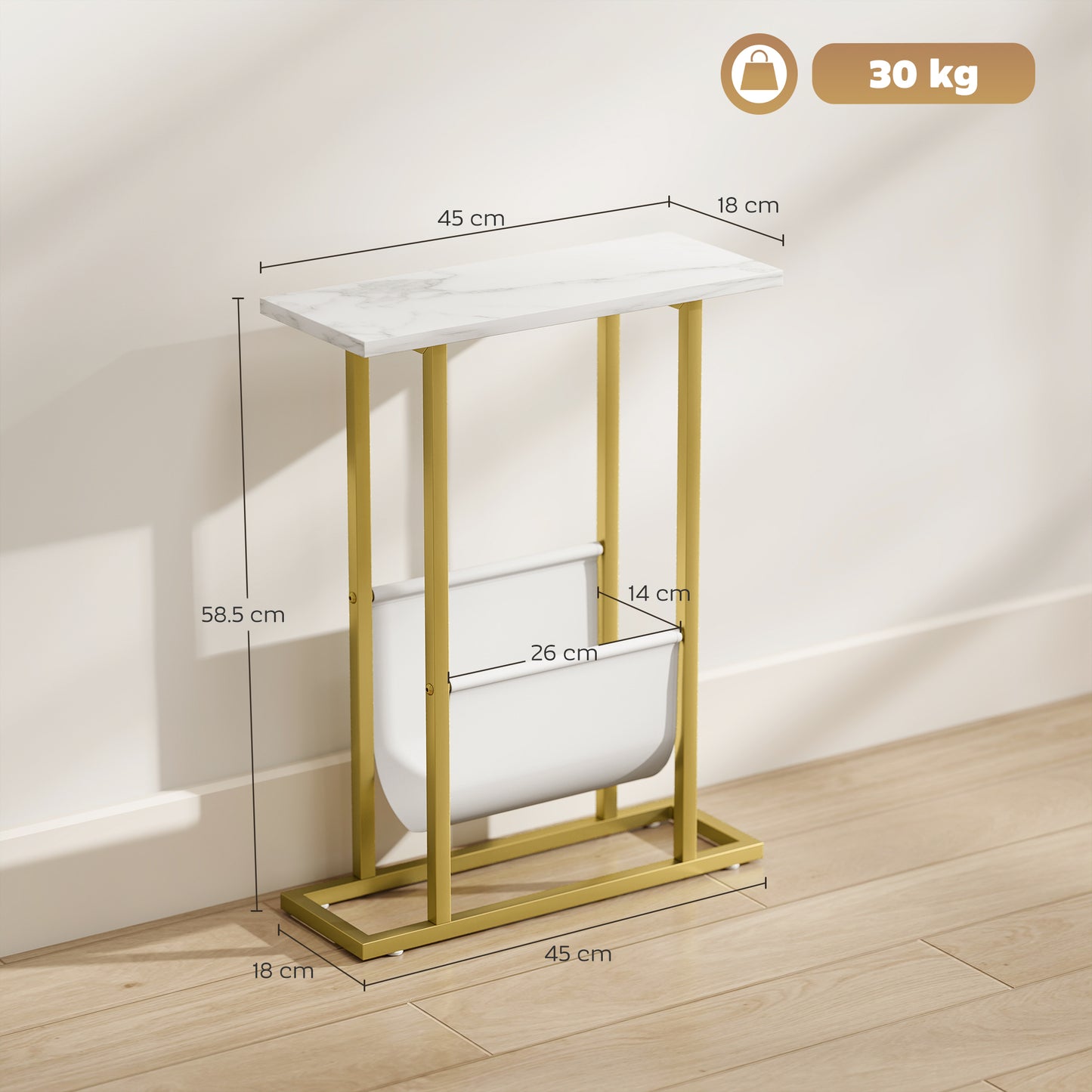 HOMCOM Narrow Side Table With Magazine Holder End Table For Small Spaces Living Room Bedroom White Marble Grain
