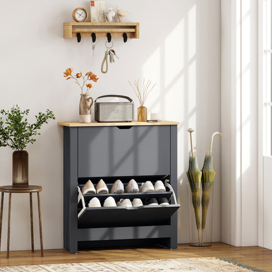 HOMCOM Slim Shoe Cabinet Narrow Cupboard With 2 Flip Drawers And Adjustable Shelves For 12 Pairs Of Shoes Charcoal Grey