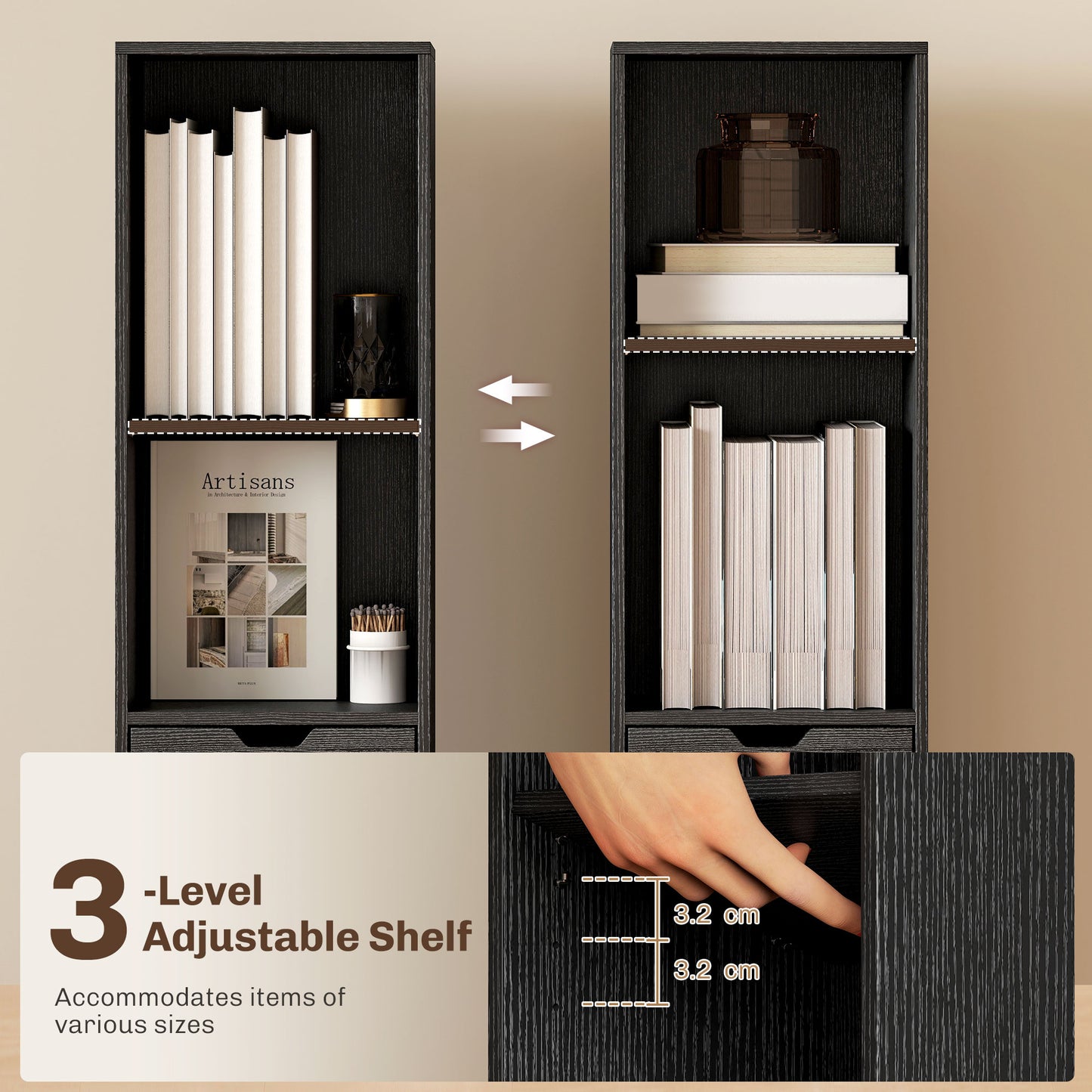 HOMCOM 6-Tier Tall Narrow Bookcase With Drawer And Door Black Finish Perfect For Small Living Rooms