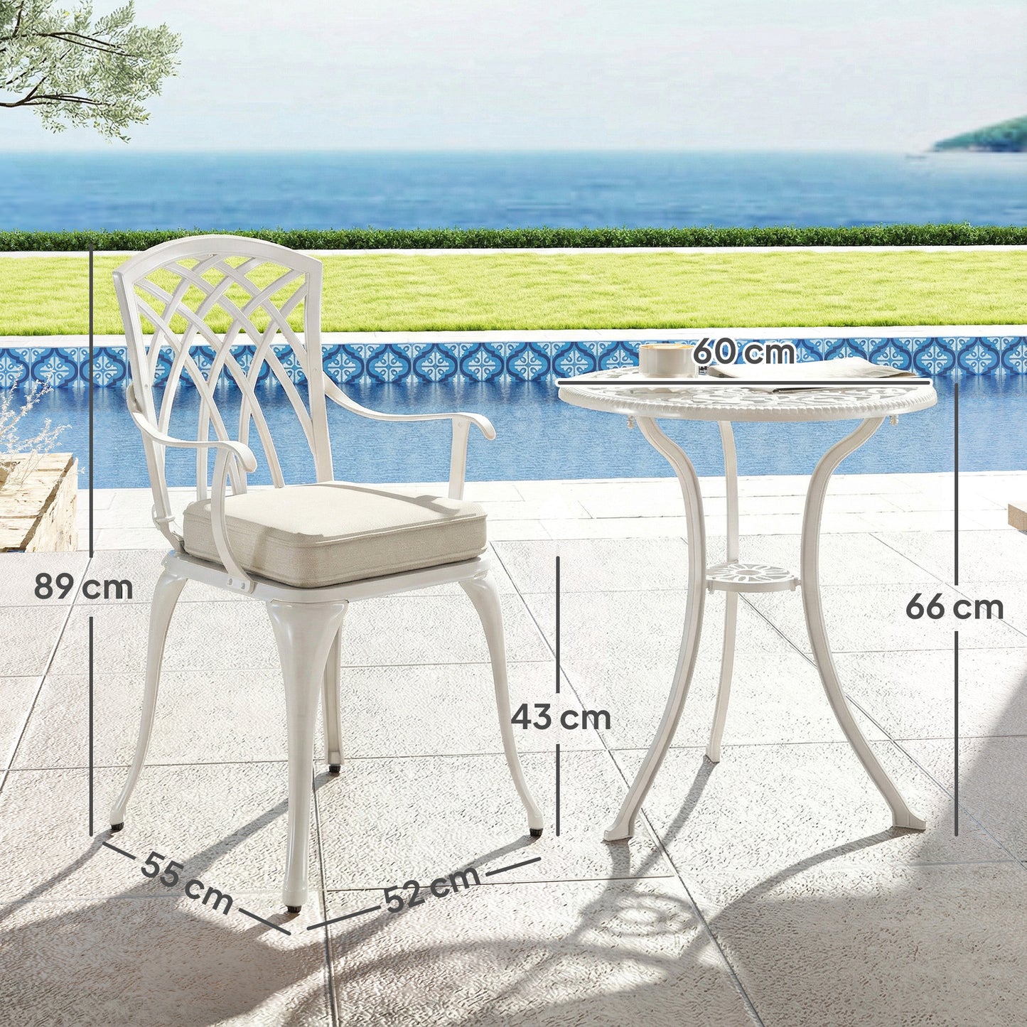 Outsunny Cast Aluminium Bistro Set With Two Chairs And Table White Parasol Hole 45mm Cushions