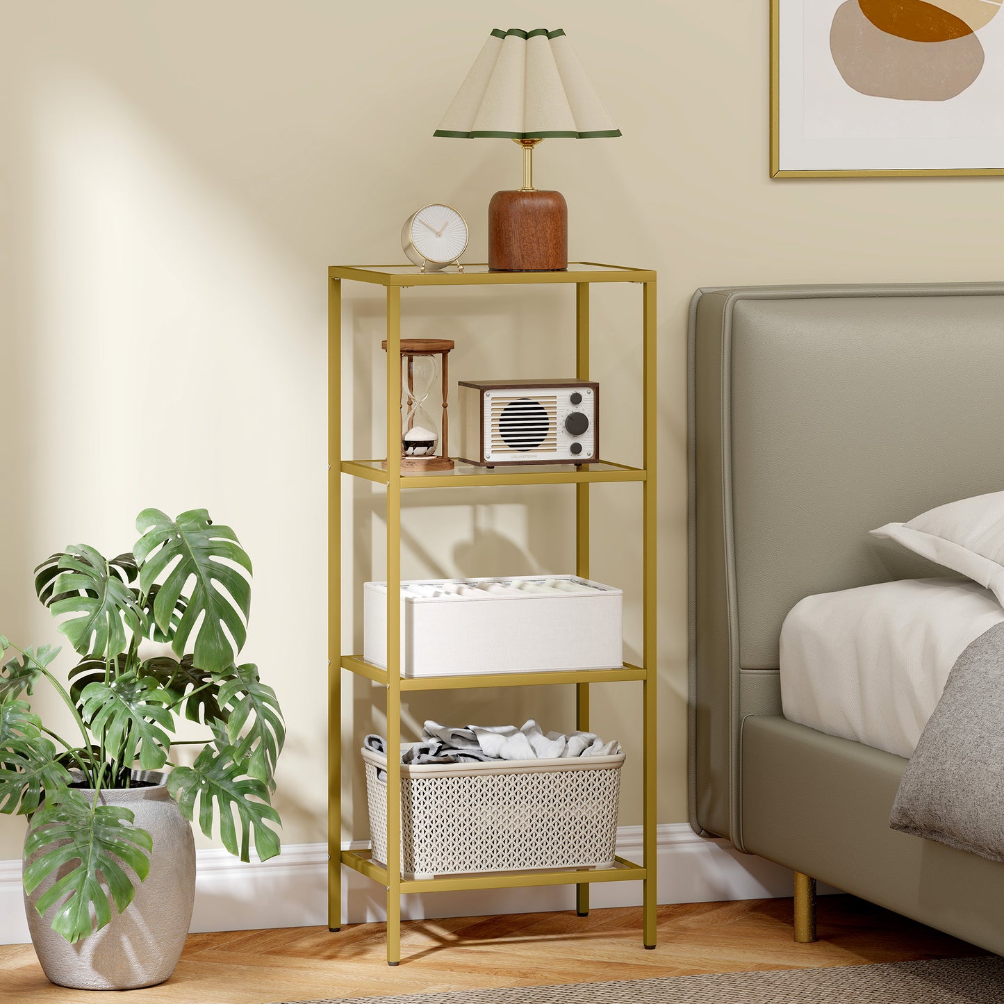 HOMCOM 4 Tier Glass Shelving Unit Gold Tone Vertical Storage for Living Room Home Office Bedroom Bathroom